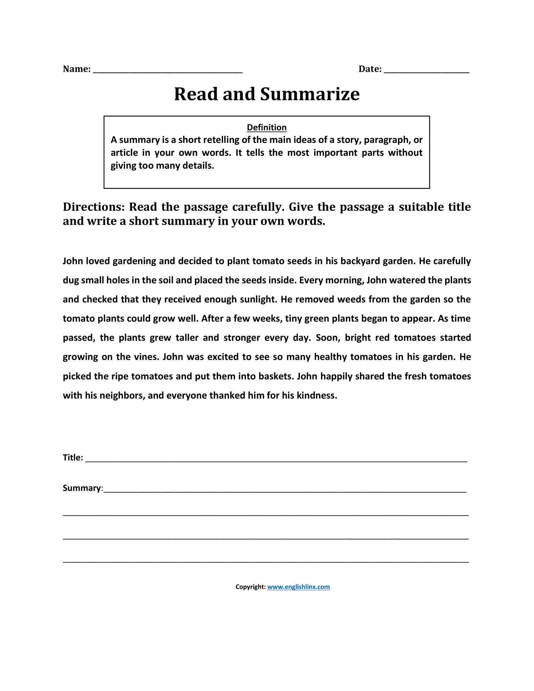 Read and Summarize Summary Worksheets