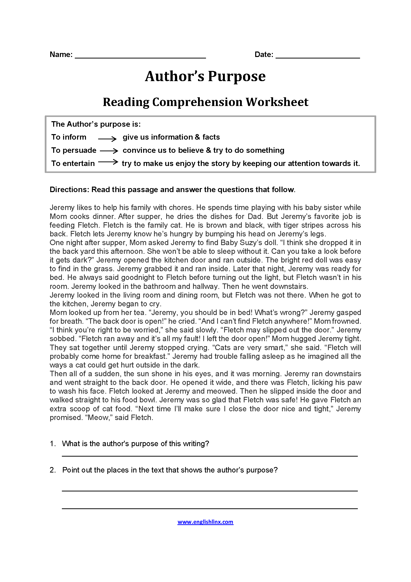 Reading Author's Purpose Worksheets