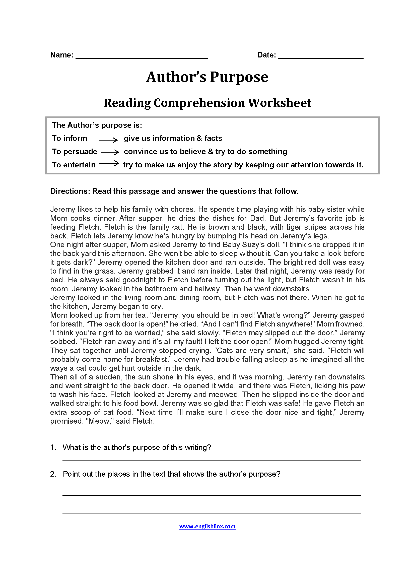 “Saint Louis Armstrong Beach” Author's Purpose Worksheet & Word Search