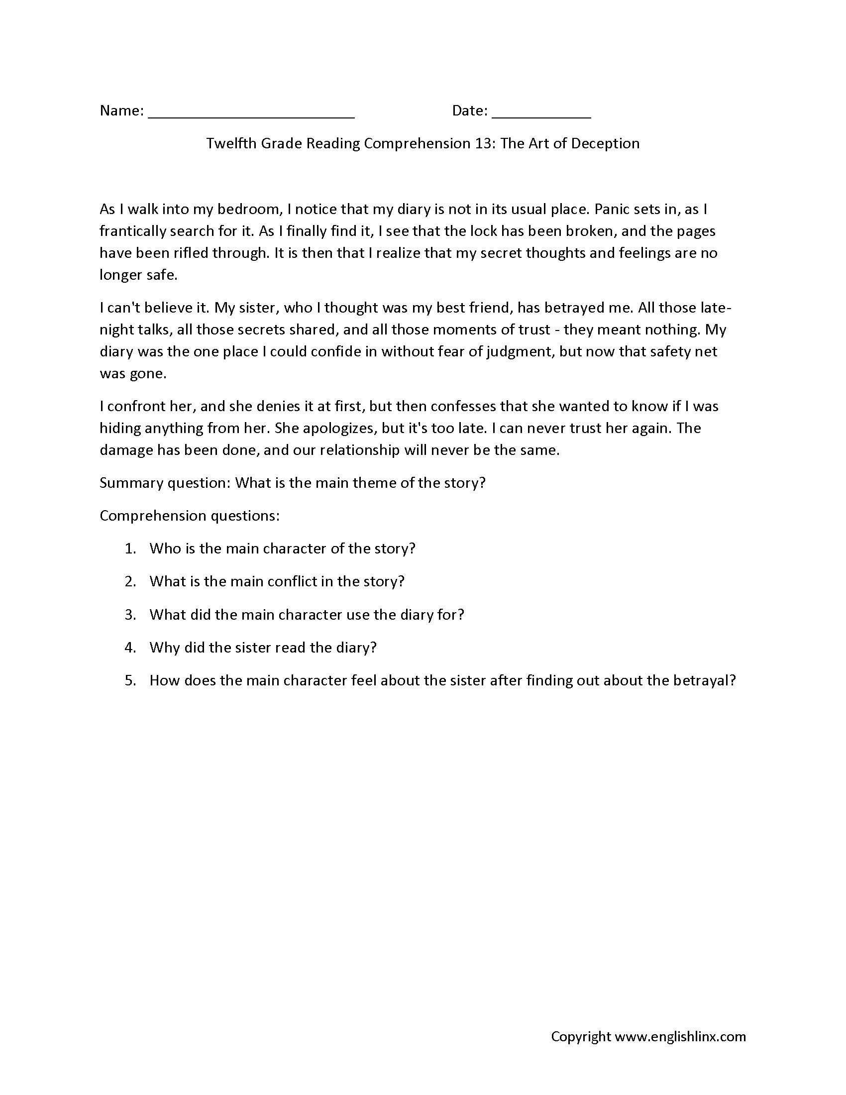 Reading Comprehension Worksheets Twelfth Grade Reading Comprehension 