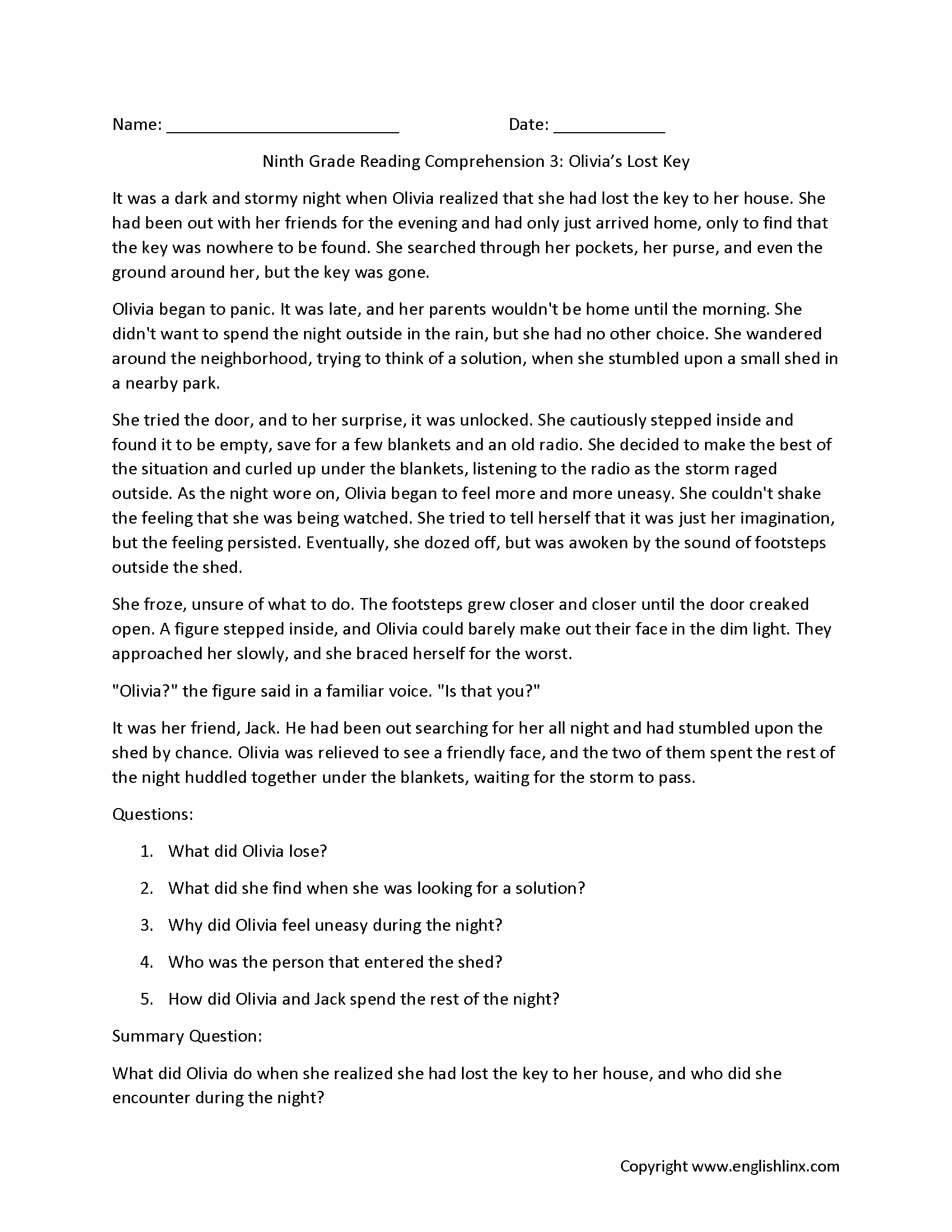 Reading Comprehension Worksheets Ninth Grade Reading Comprehension