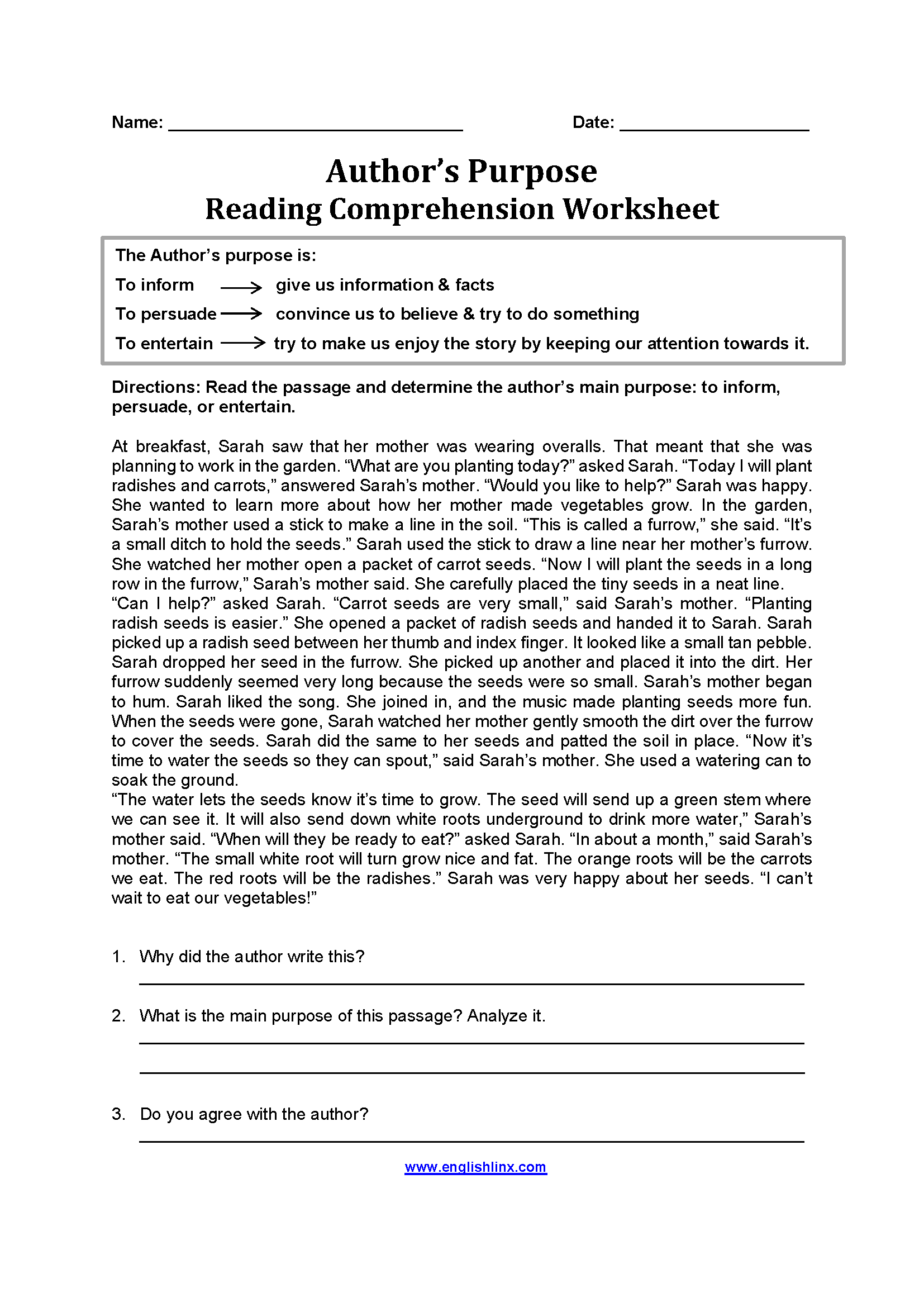Reading Comprehension Author's Purpose Worksheets
