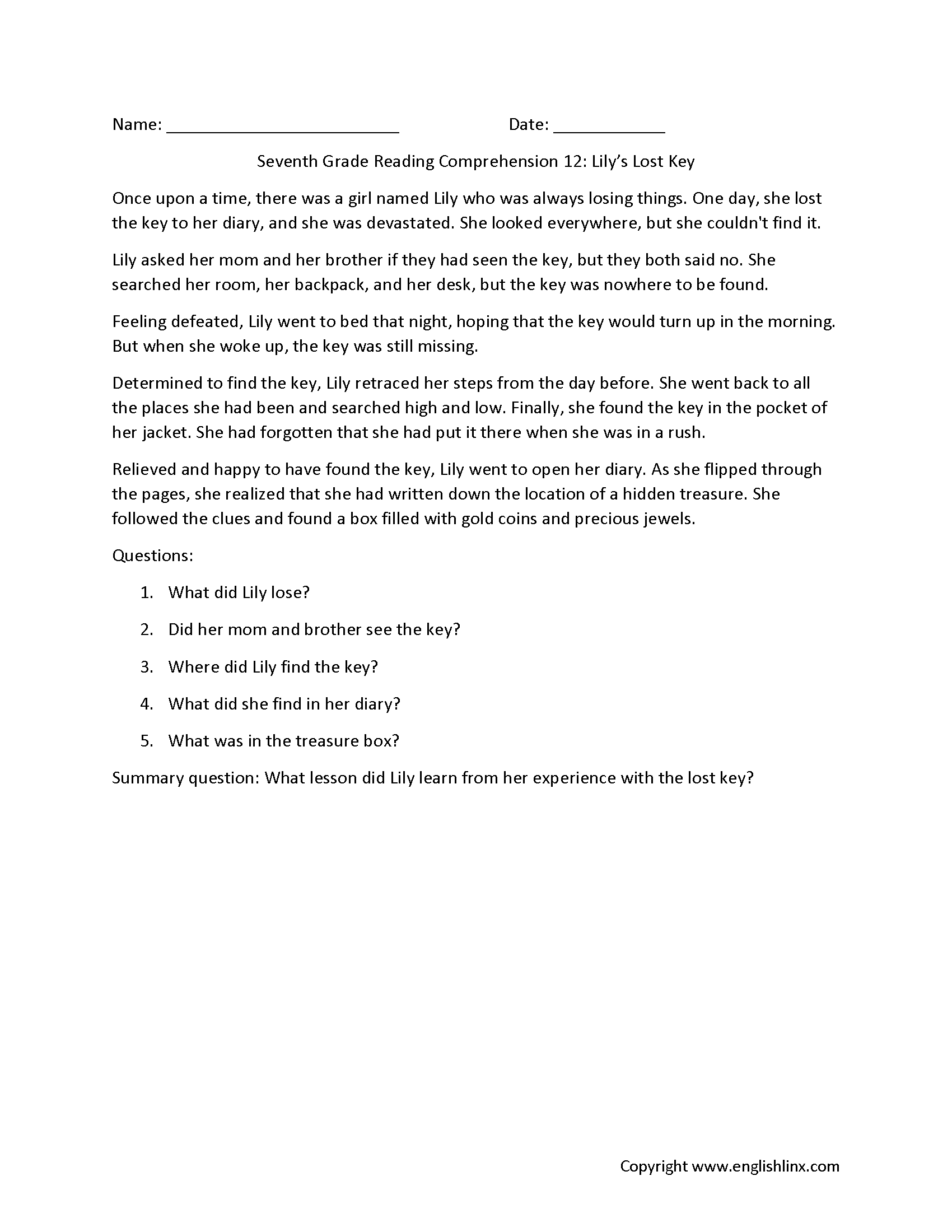 Reading Comprehension Worksheets Seventh Grade Reading Comprehension