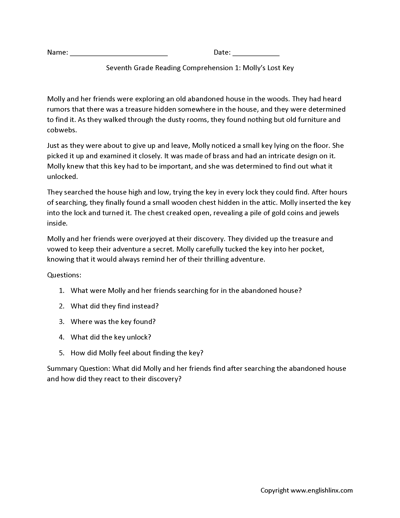 Comprehension Worksheets 7th Grade