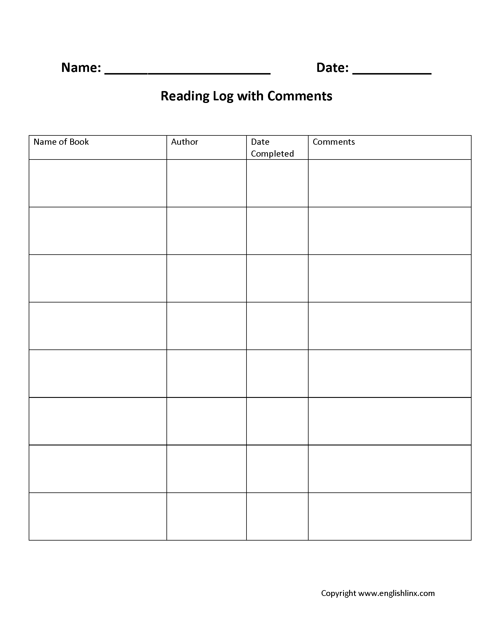 Reading Log with Comments Worksheet