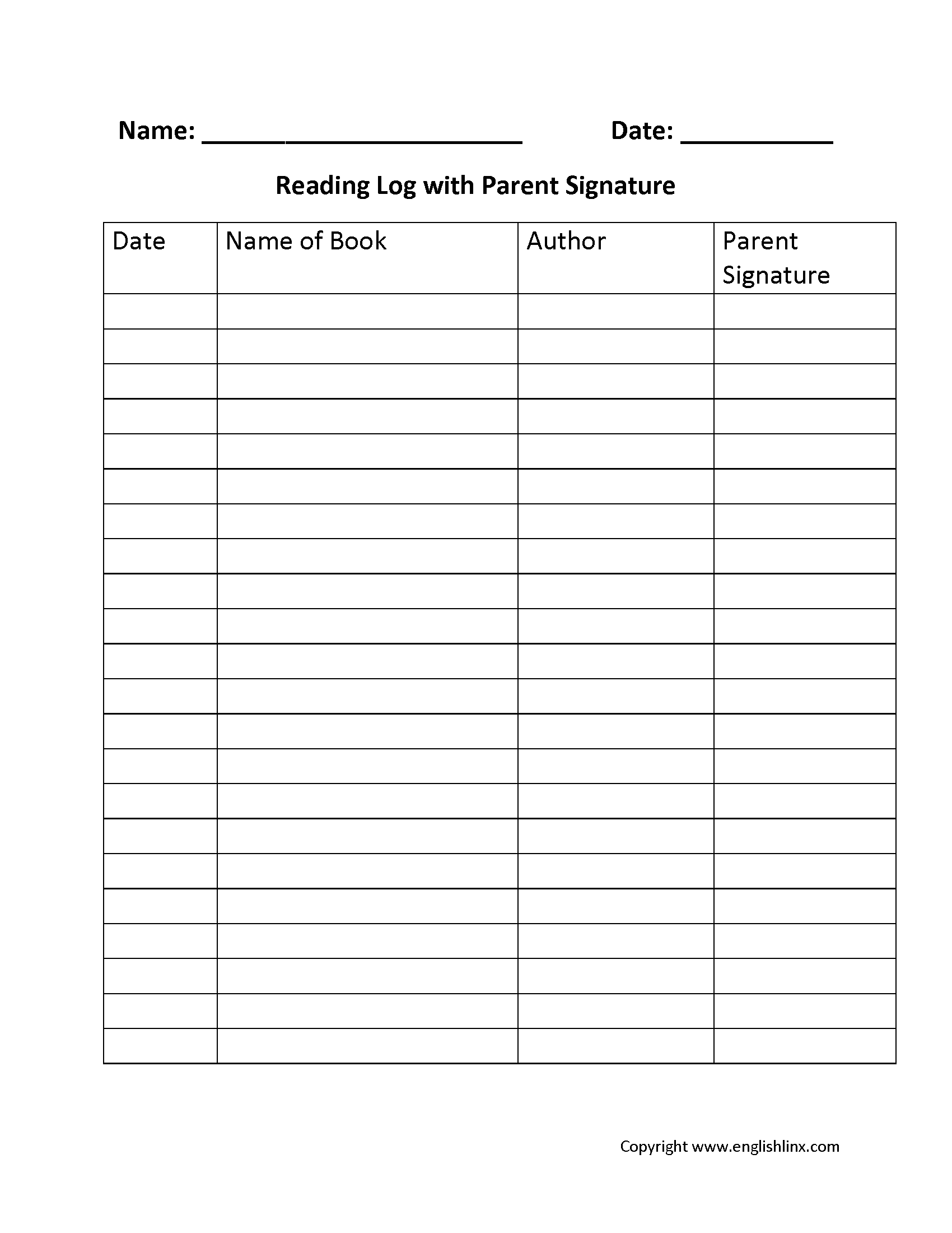 Reading Log with Parent Signature Worksheet