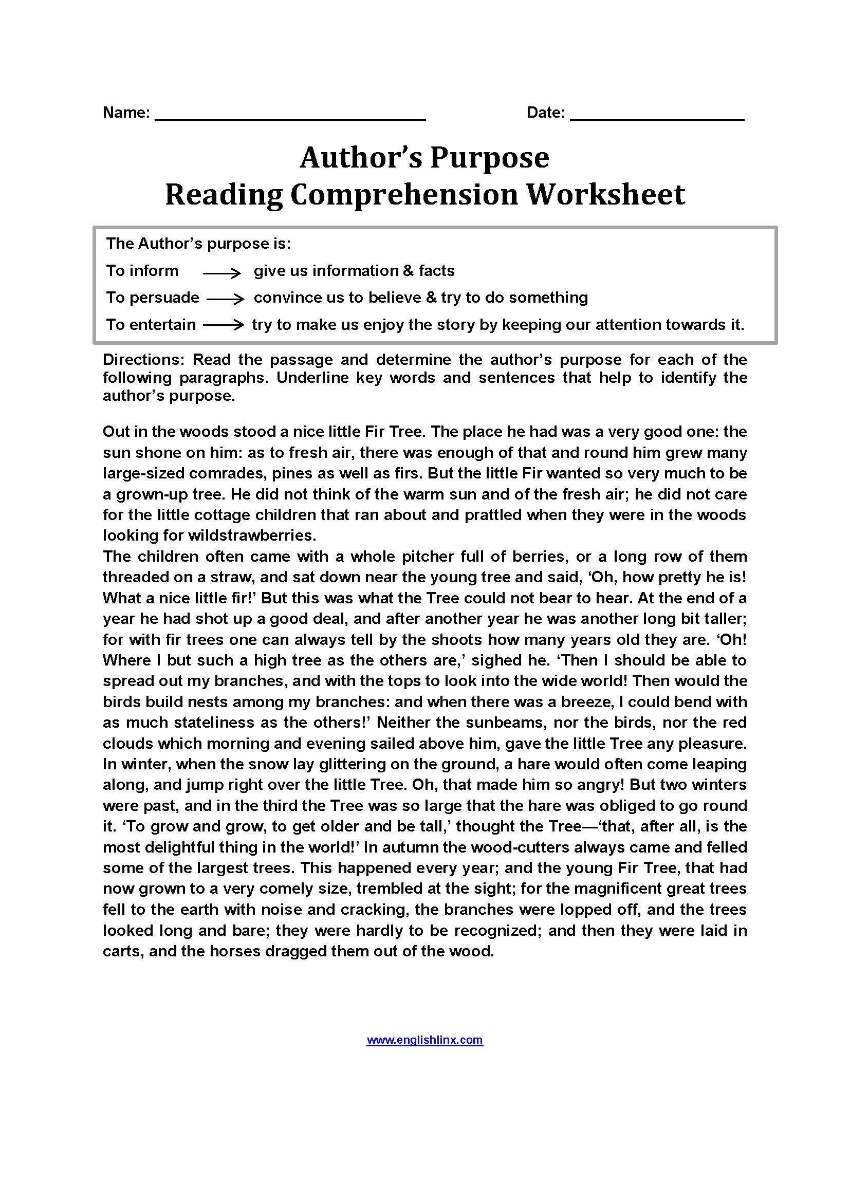 Reading for Author's Purpose Worksheets