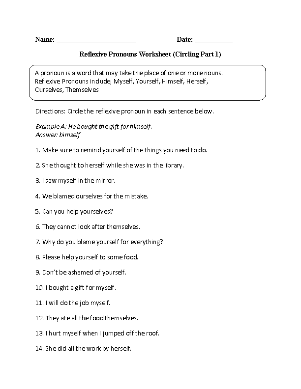 Pronouns Worksheets Reflexive Pronouns Worksheets