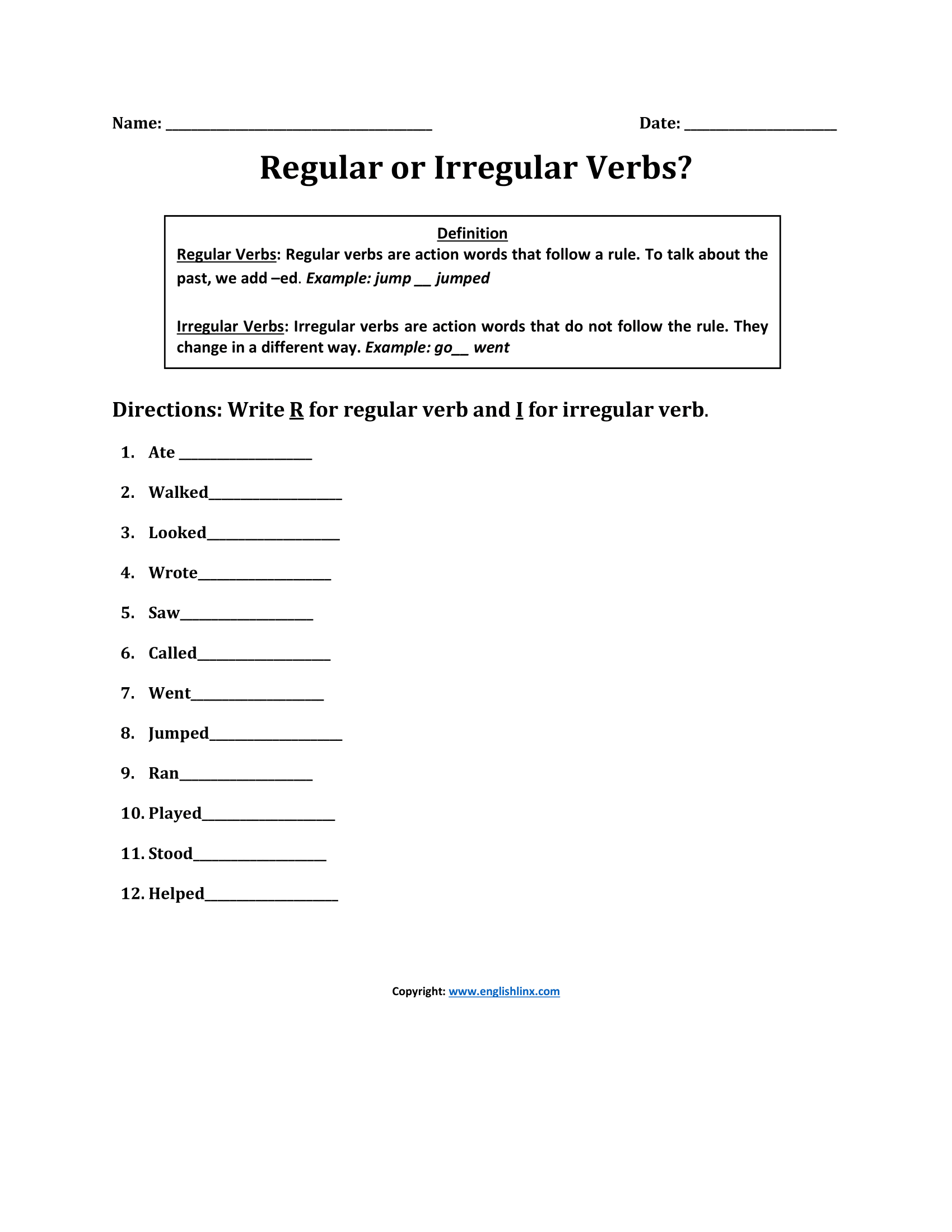 Regular or Irregular Past Tense Worksheets