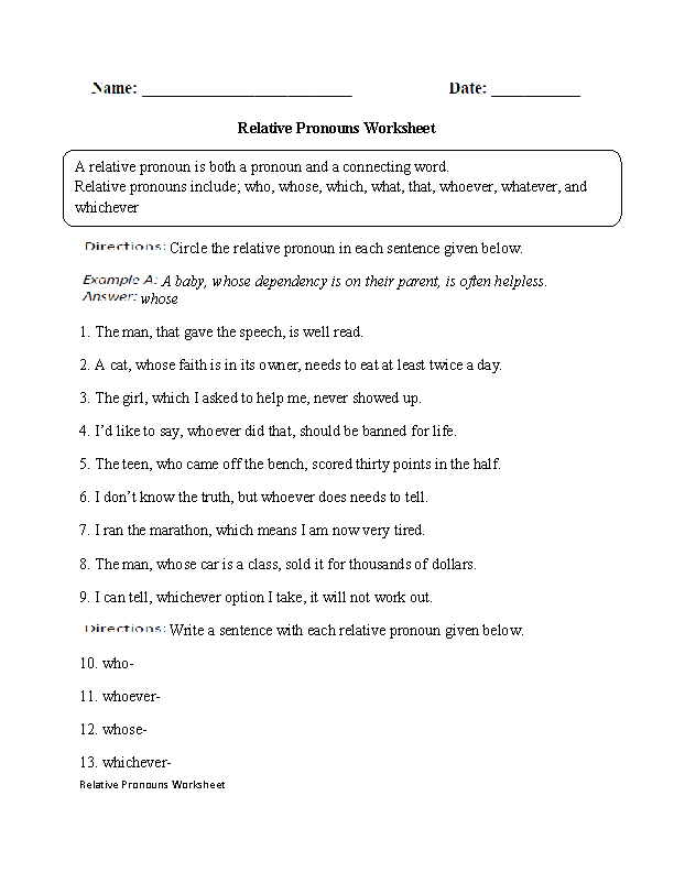 Regular Pronouns Worksheets | Relative Pronouns Worksheet