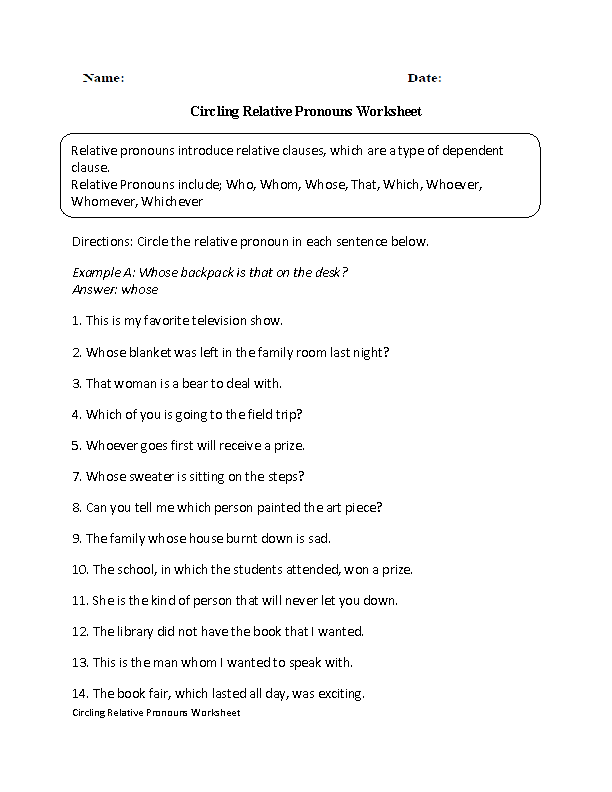 Practicing Relative Pronouns Worksheet