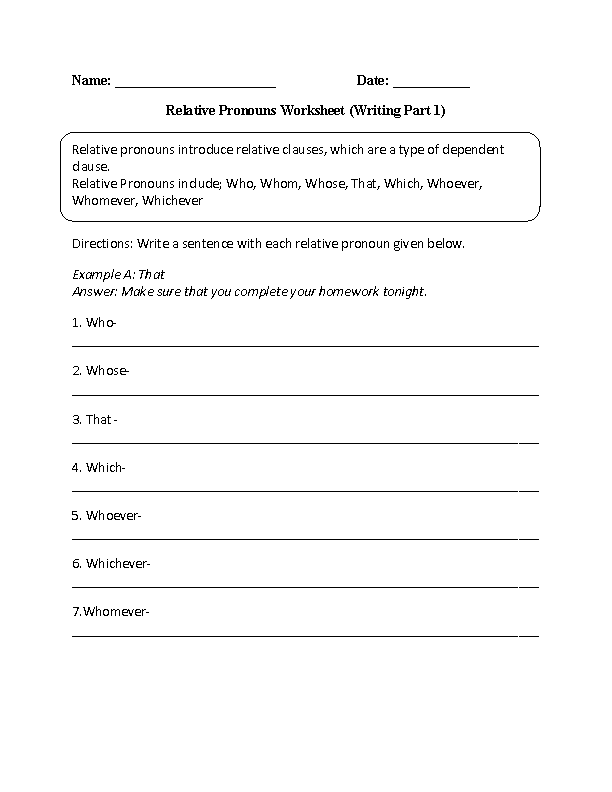 Writing with Relative Pronouns Worksheet