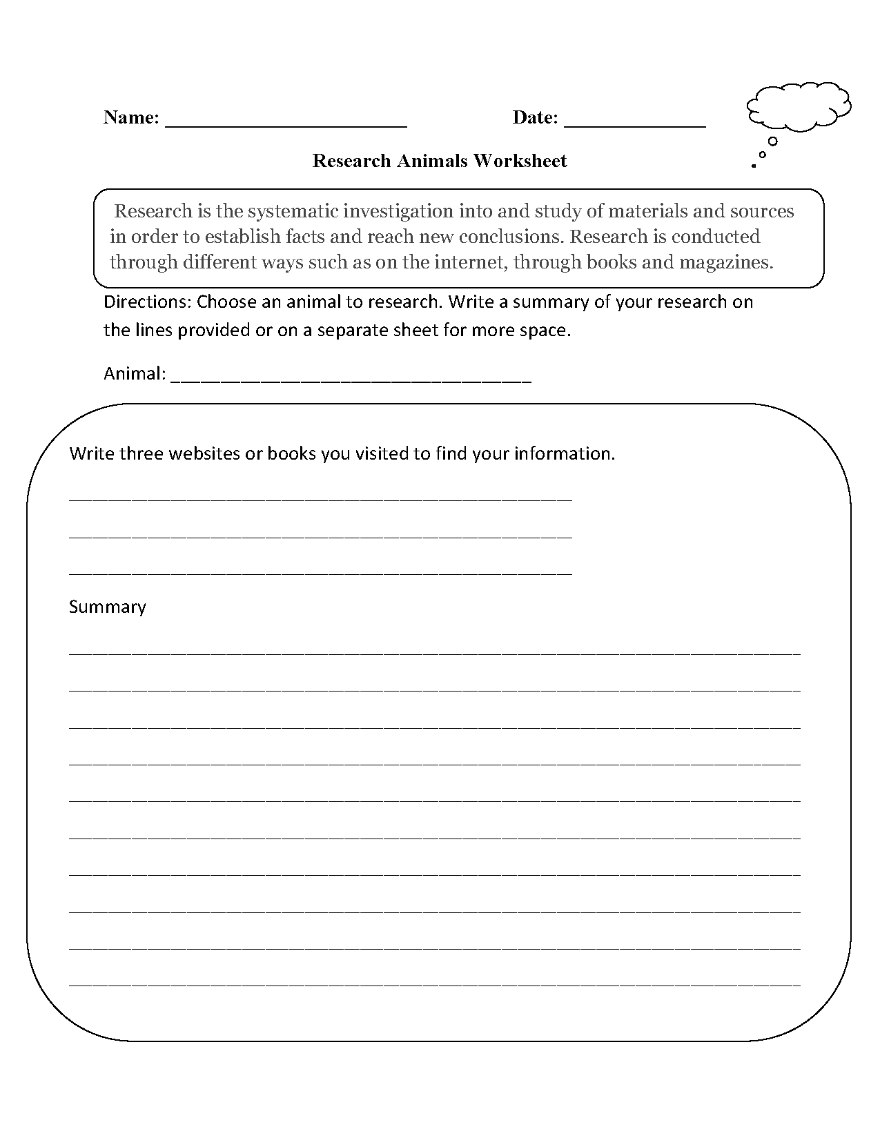 Research Animals<br>Worksheet