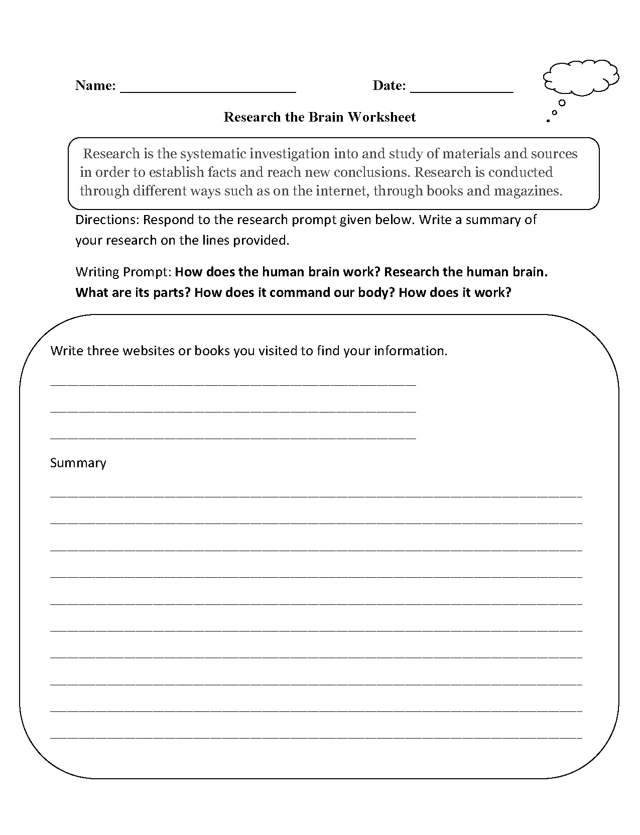 Research the Brain Worksheet