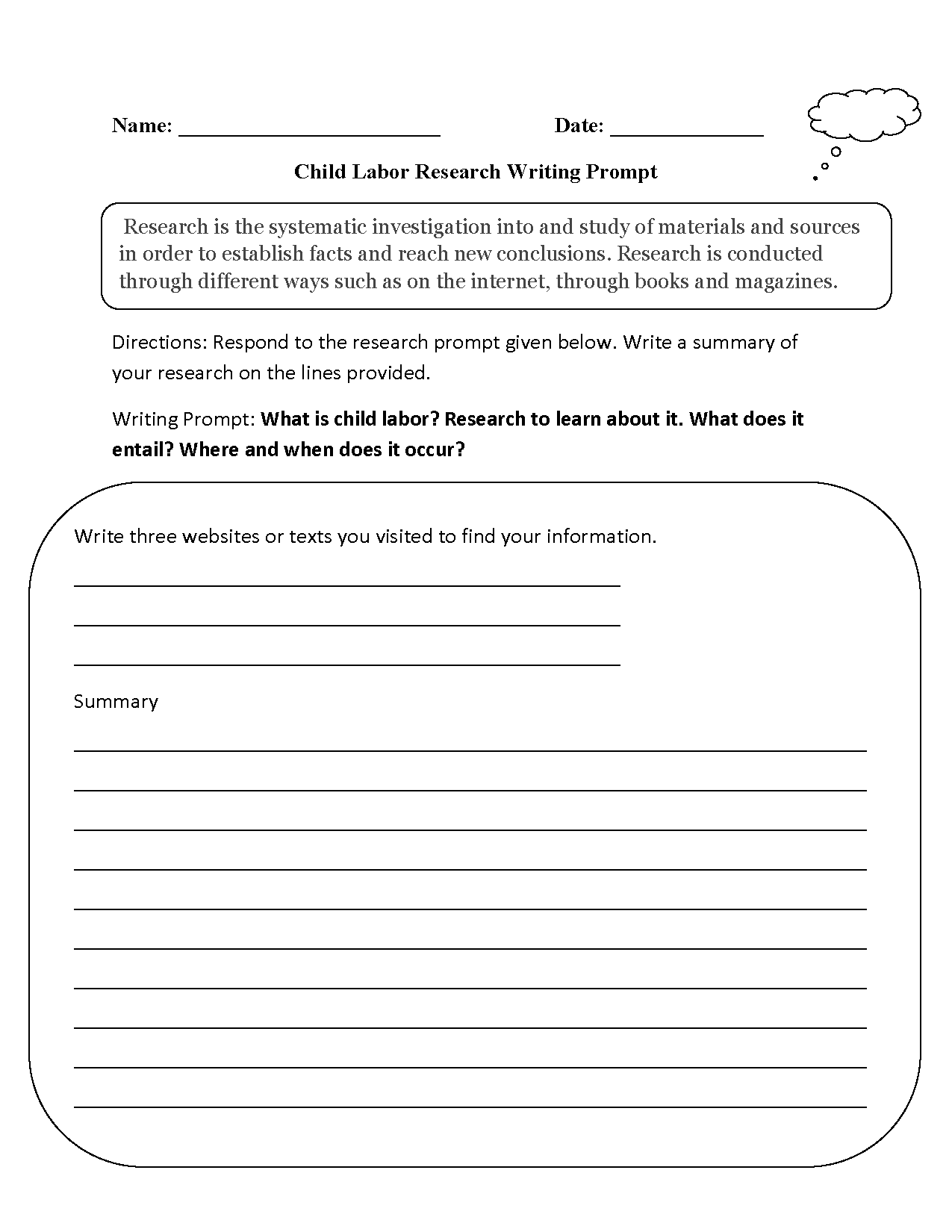 Chld Labor Research Writing Prompts Worksheet