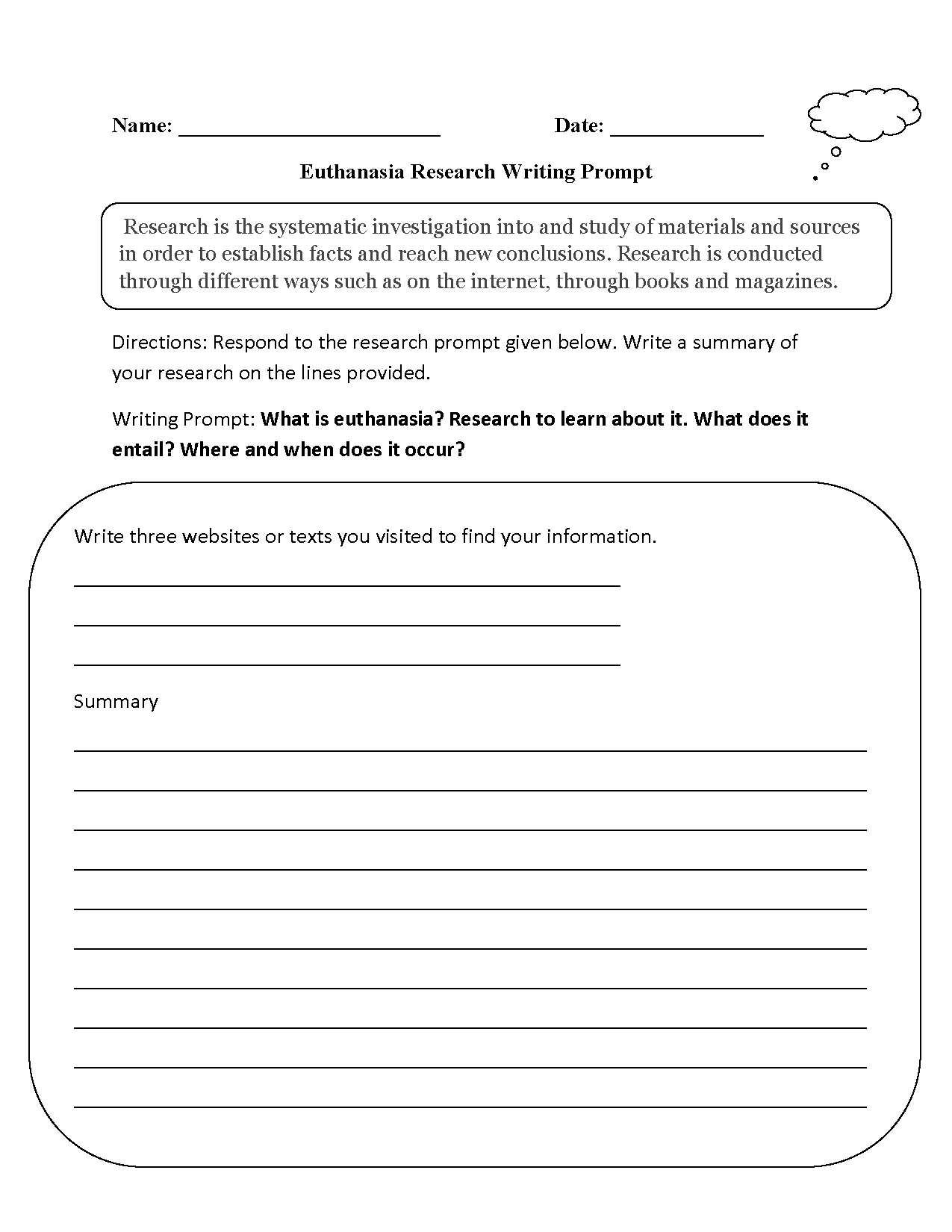 Euthanasia Research Writing Prompts Worksheet
