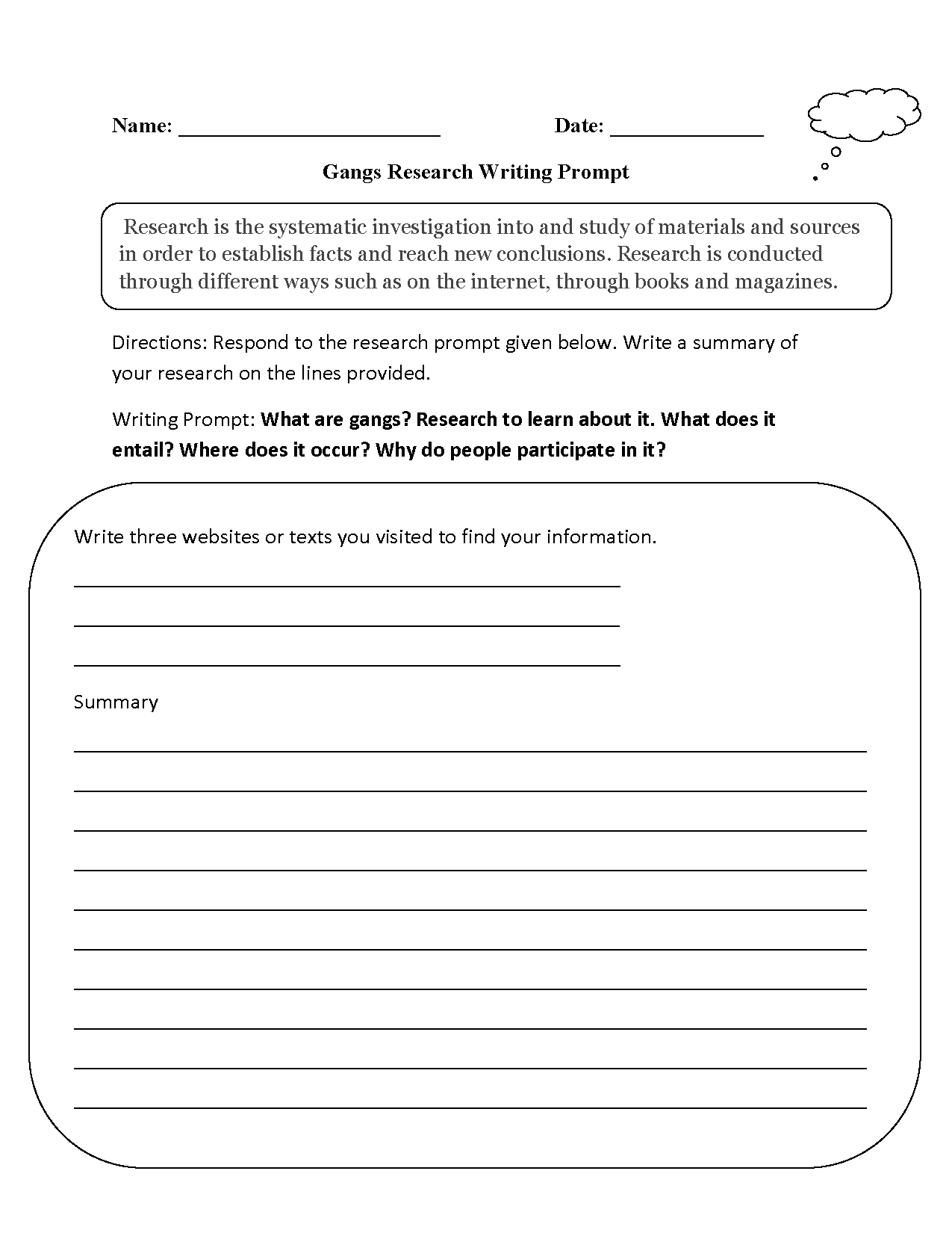 Gangs Research Writing Prompts Worksheets