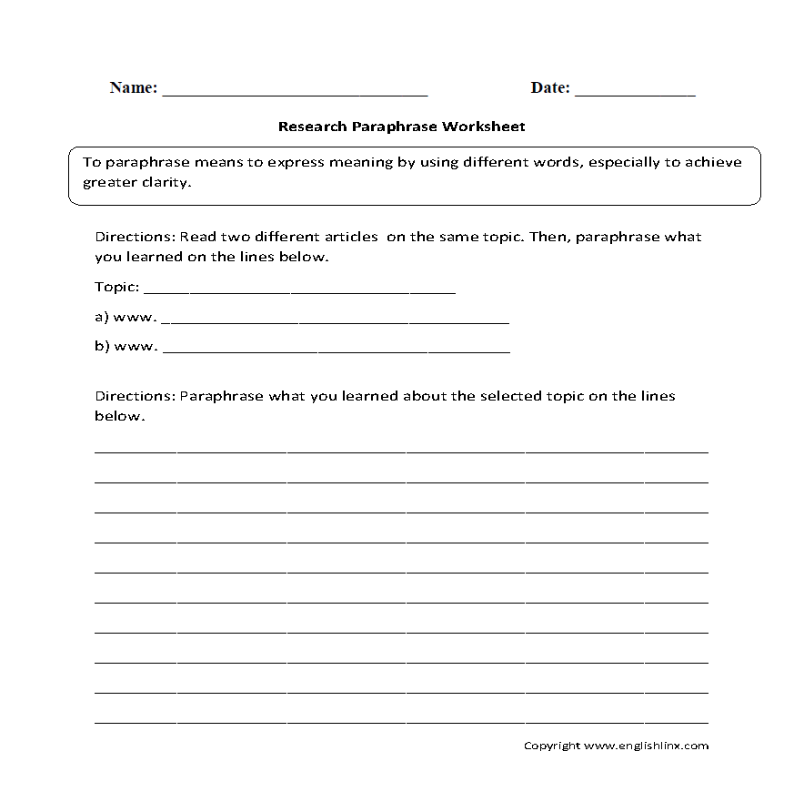Research Worksheets Research Paraphrase Worksheet