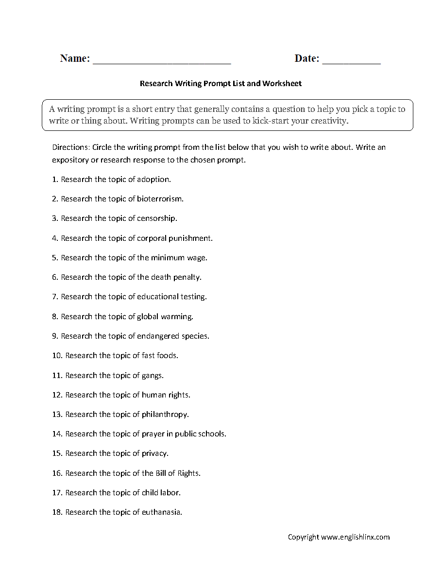 Research Topics List Writing Prompts Worksheet