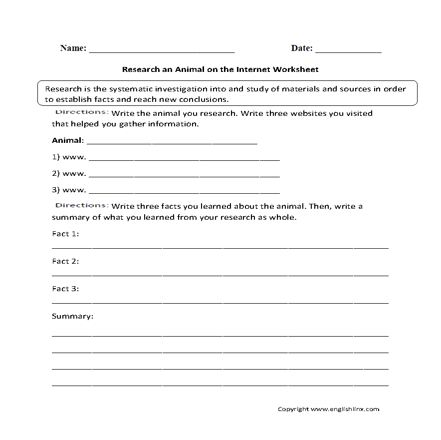 Research Worksheets | Research an Animal on Internet Worksheet