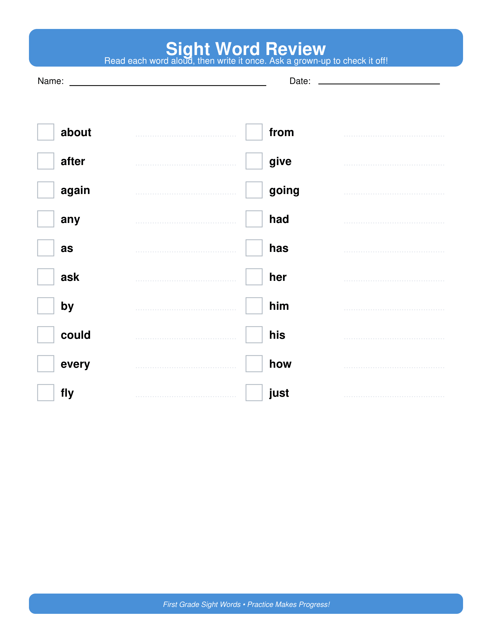 Review Checklist First Grade Sight Words Worksheets