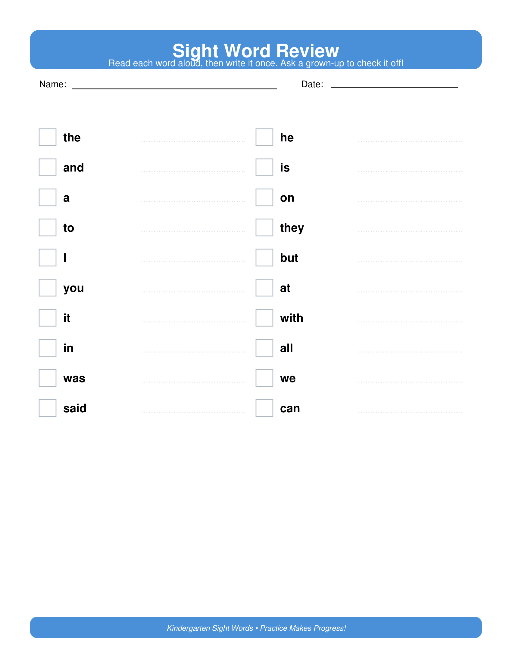 Review Checklist Kindergarten Sight Words Worksheets