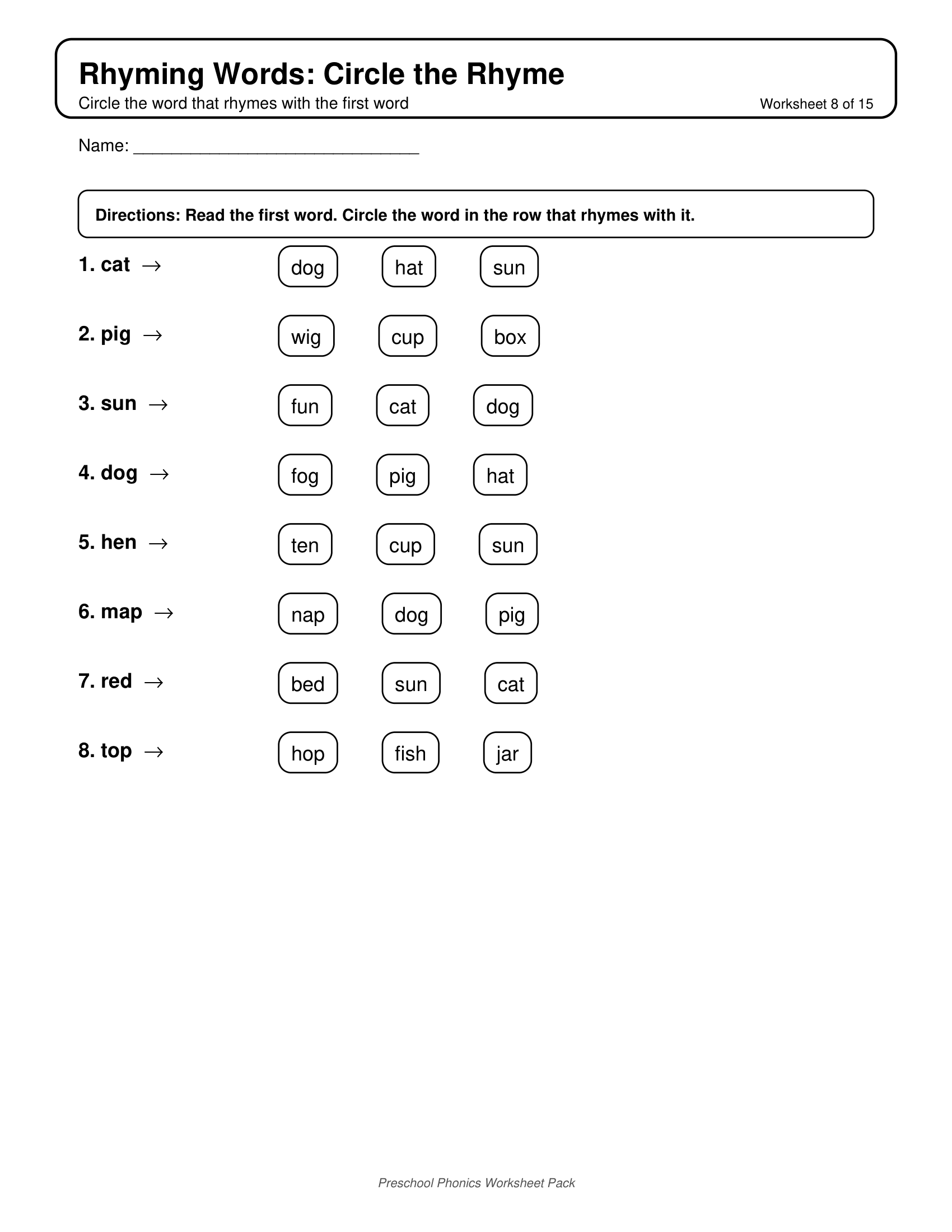 Rhyming Words Circle Phonics Worksheets for Preschool