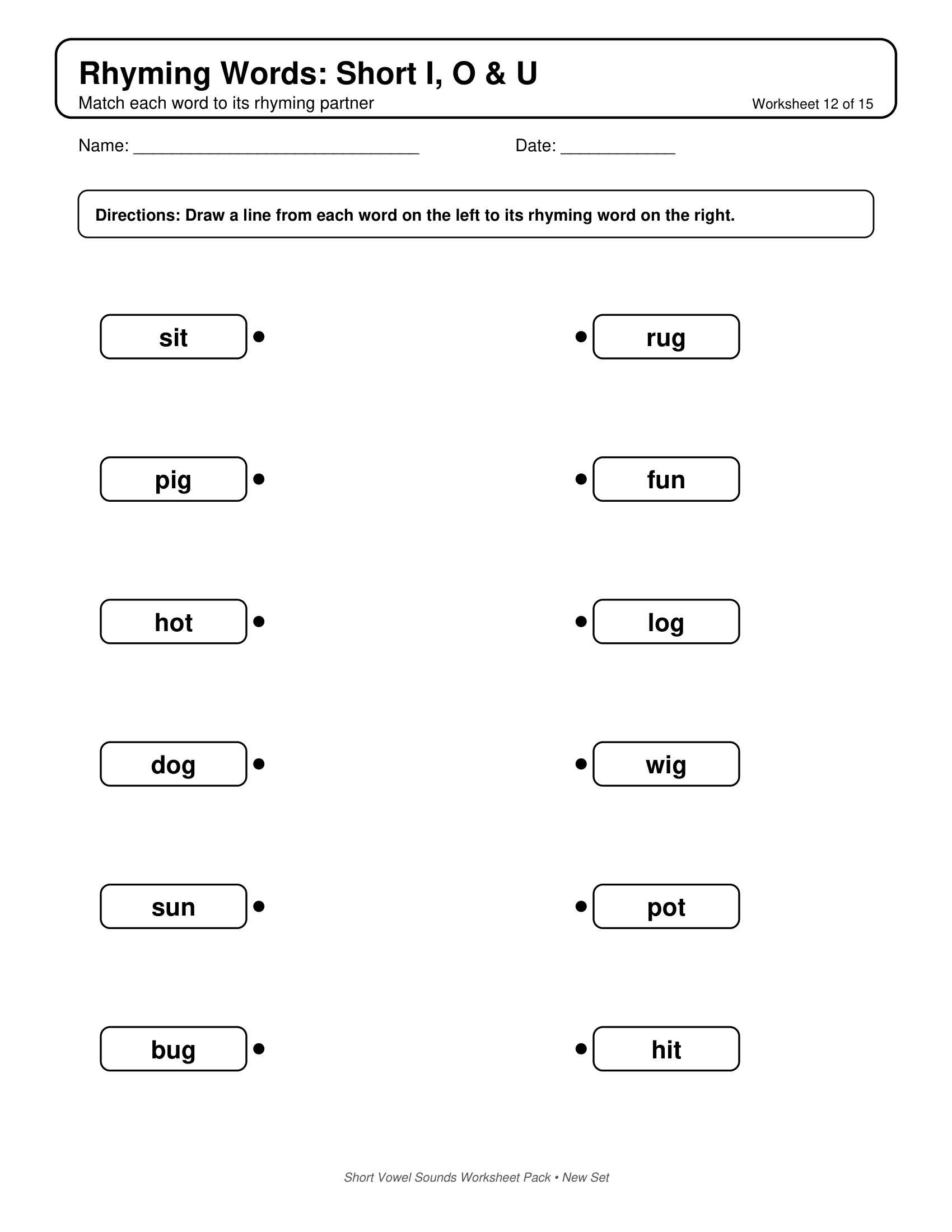 Rhyming Words Match I O U Short Vowels Sounds Worksheets