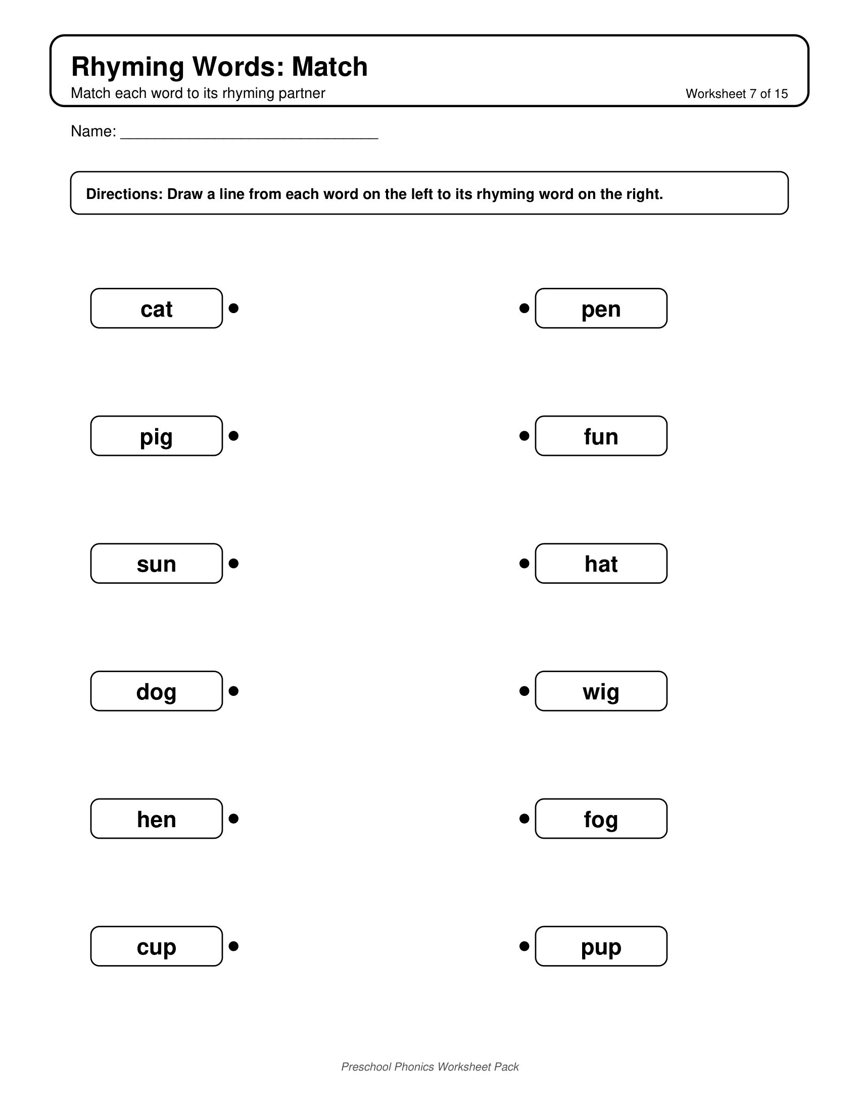 Rhyming Words Match Phonics Worksheets for Preschool