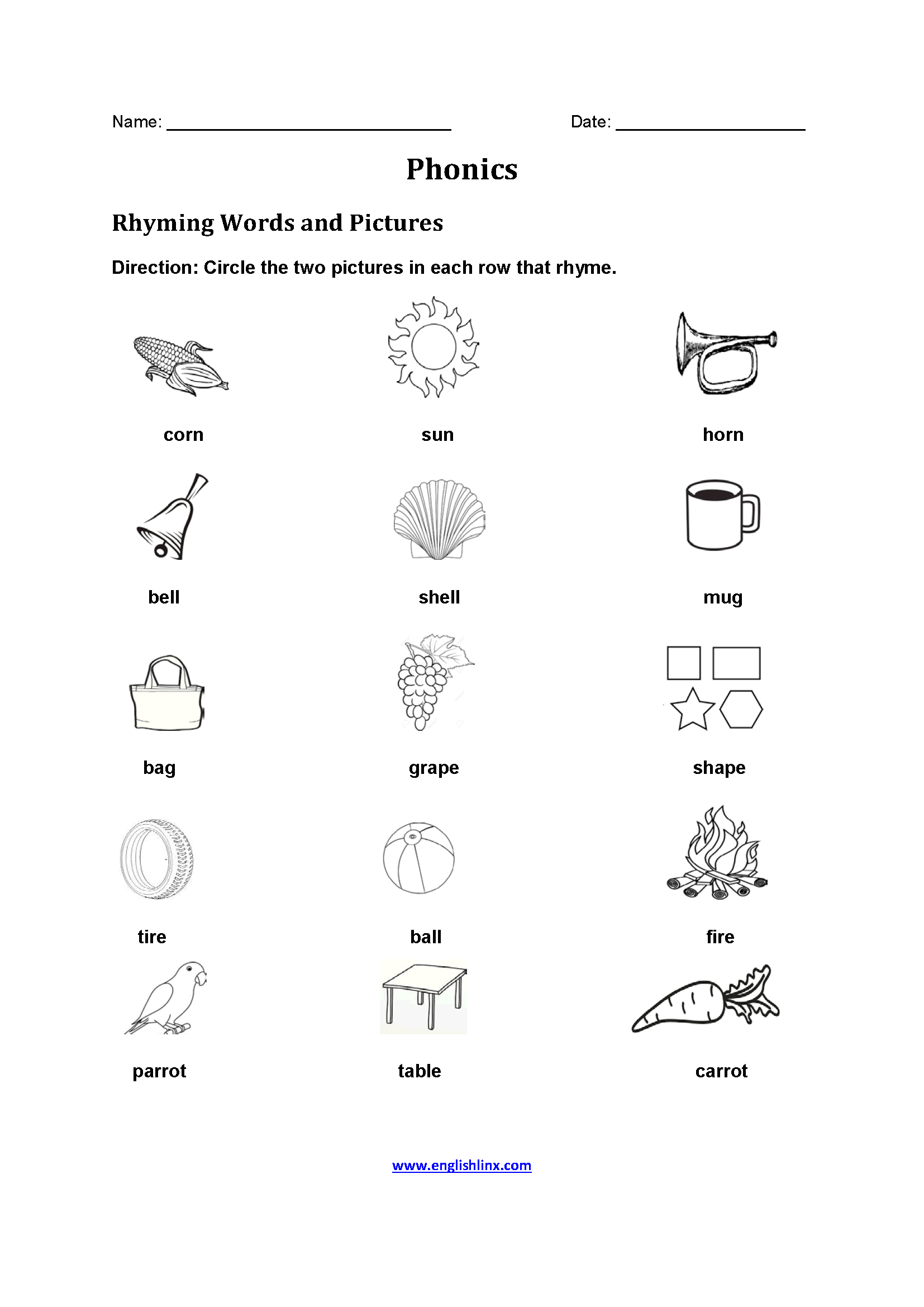 Rhyming Words Phonics Worksheets