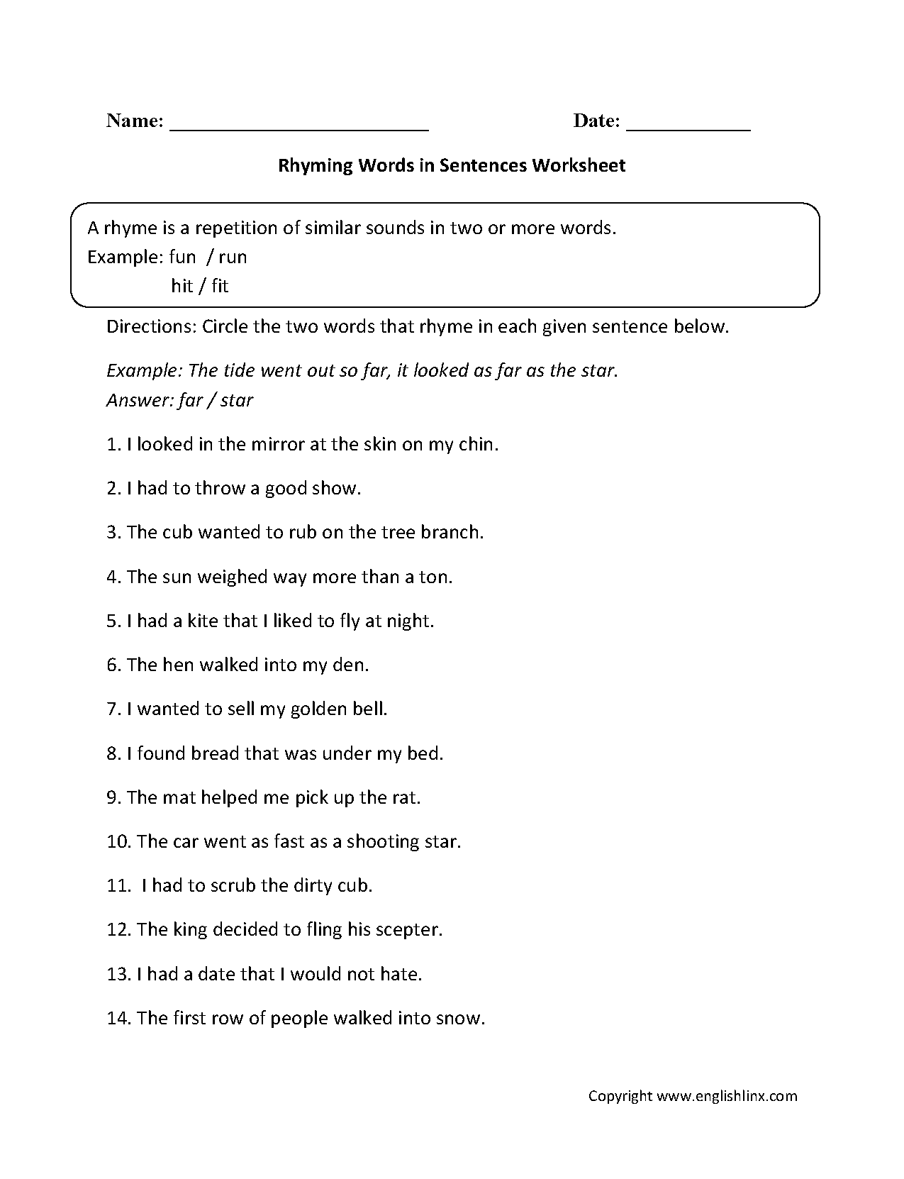 Englishlinx Com Rhyming Worksheets