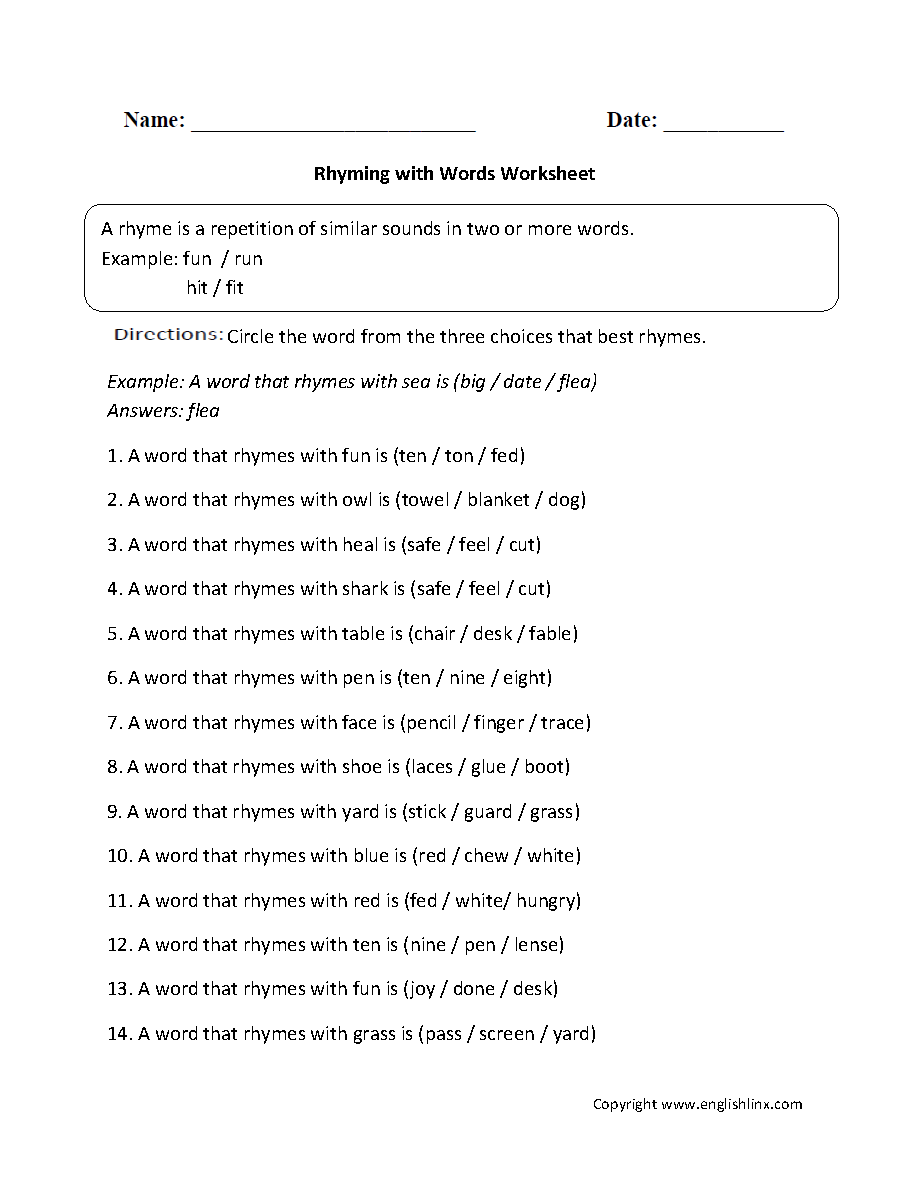 Rhyming Worksheets  Rhyming with Words Worksheet