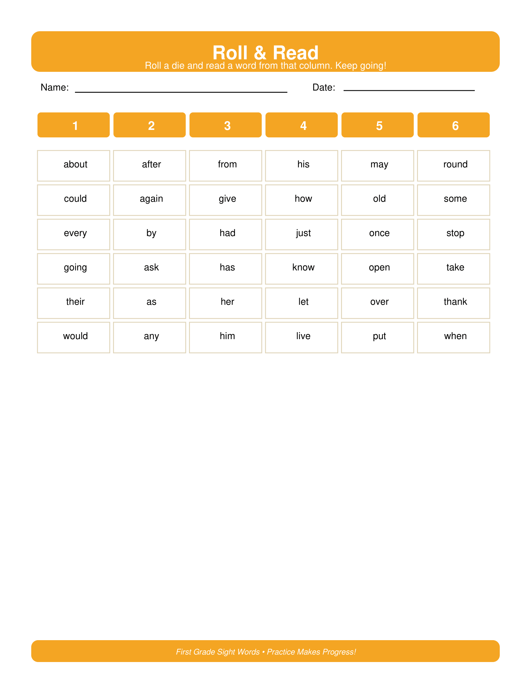 Roll and Read First Grade Sight Words Worksheets
