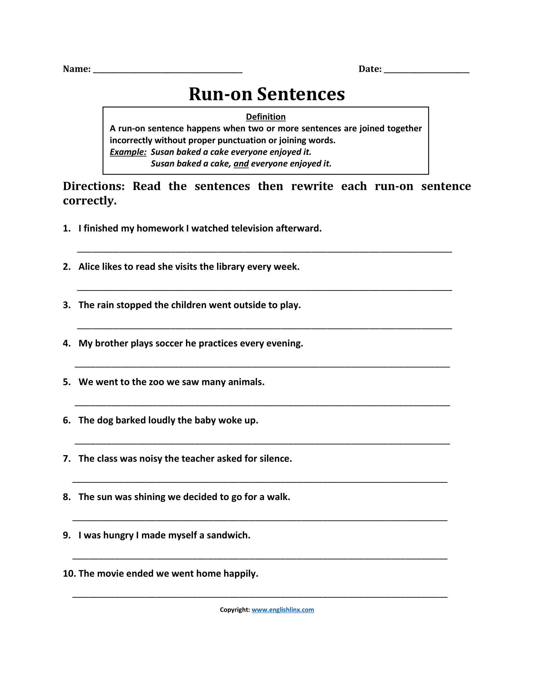 Run On Sentence Writing Worksheets