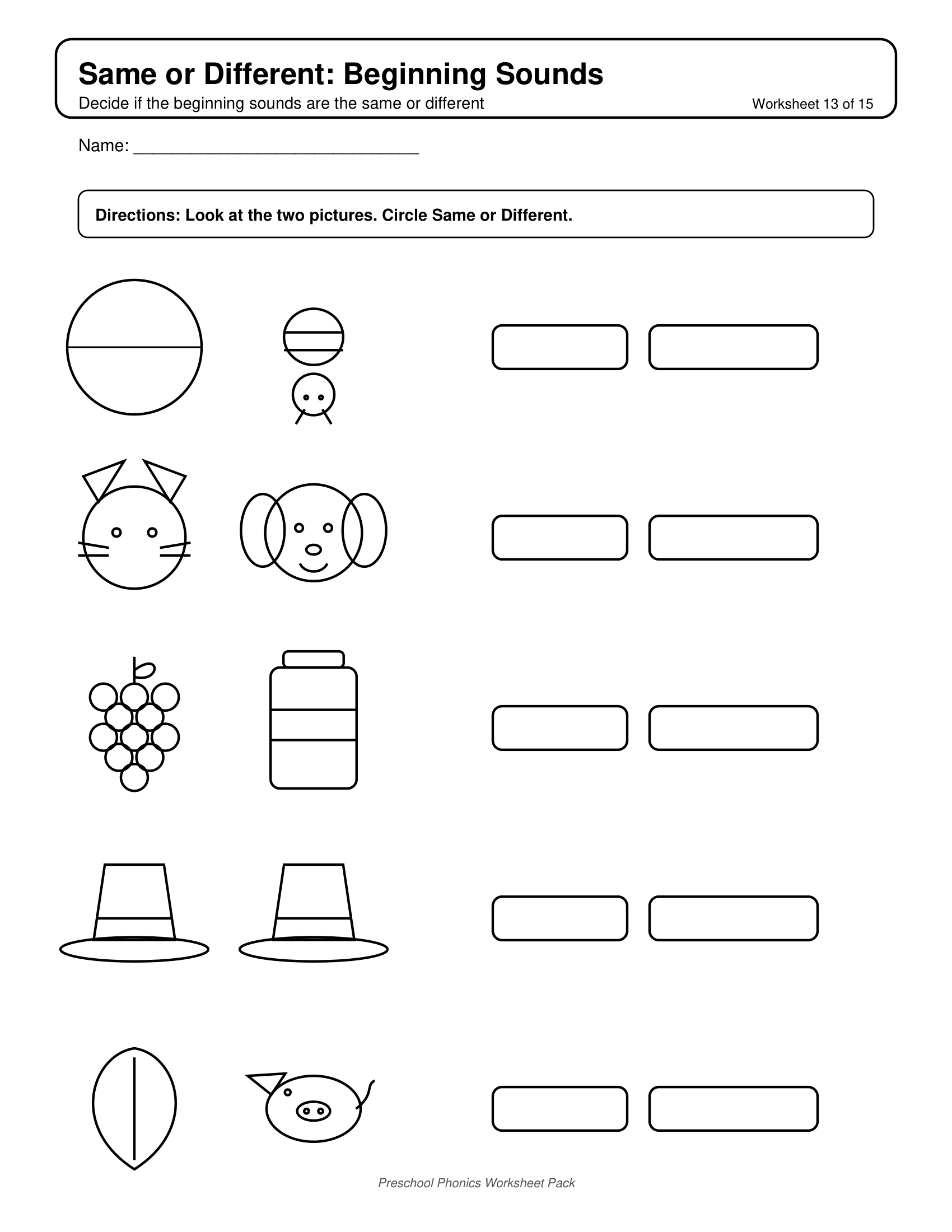 Same or Different Beginning Sounds Phonics Worksheets for Preschool