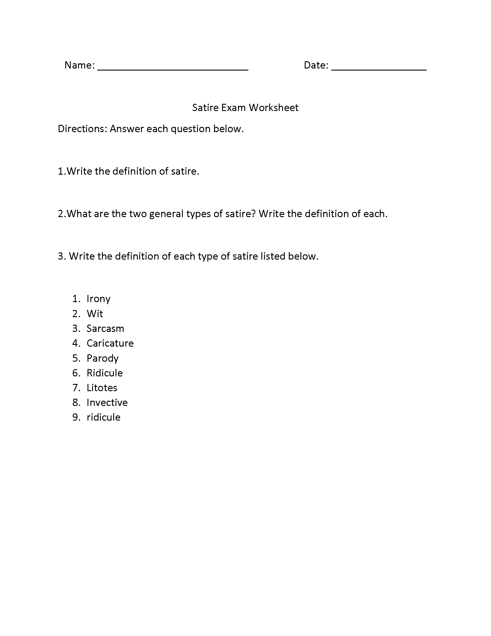 Satire Worksheets Satire Exam Worksheet Satire Worksheets Satire Exam Worksheet