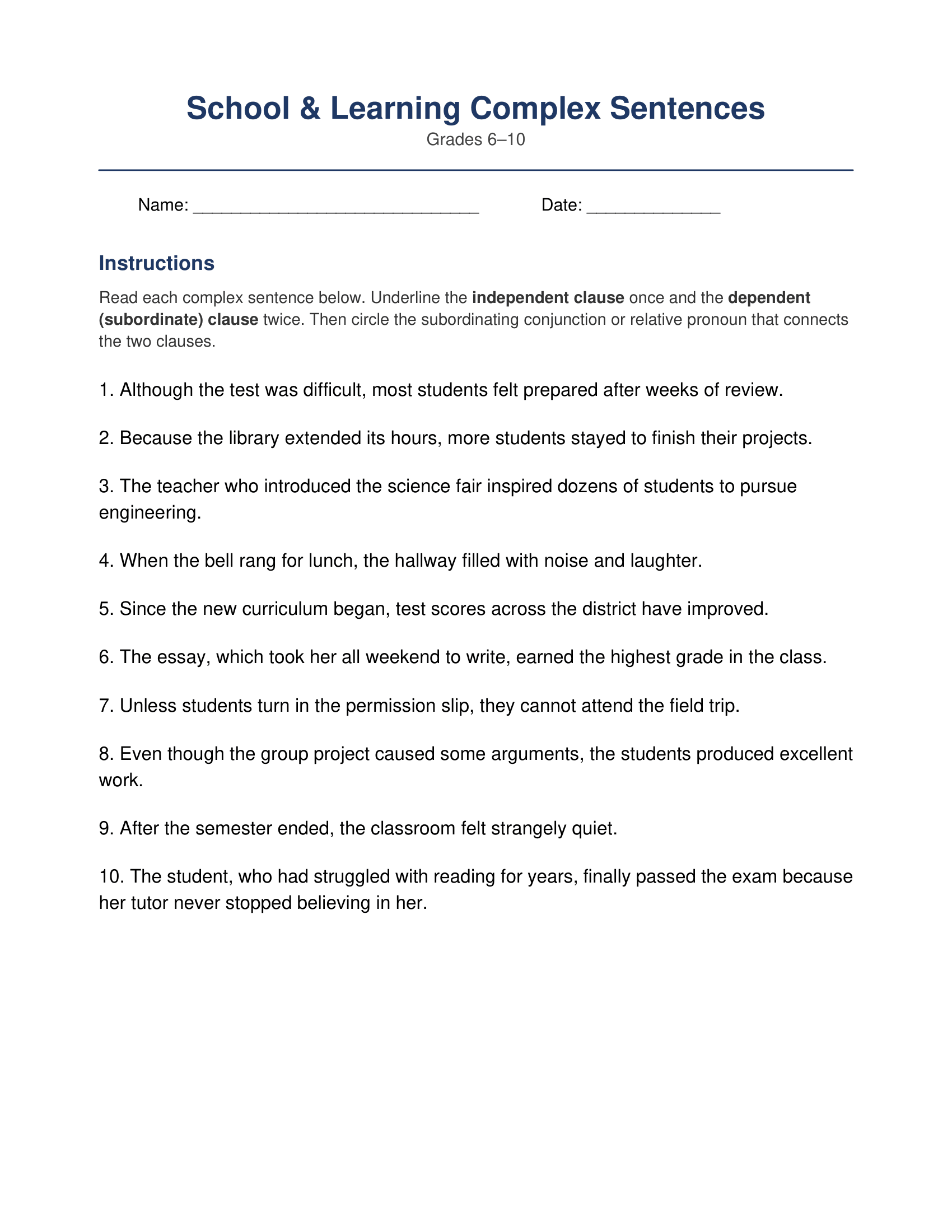 School Learning Complex Sentences Worksheets