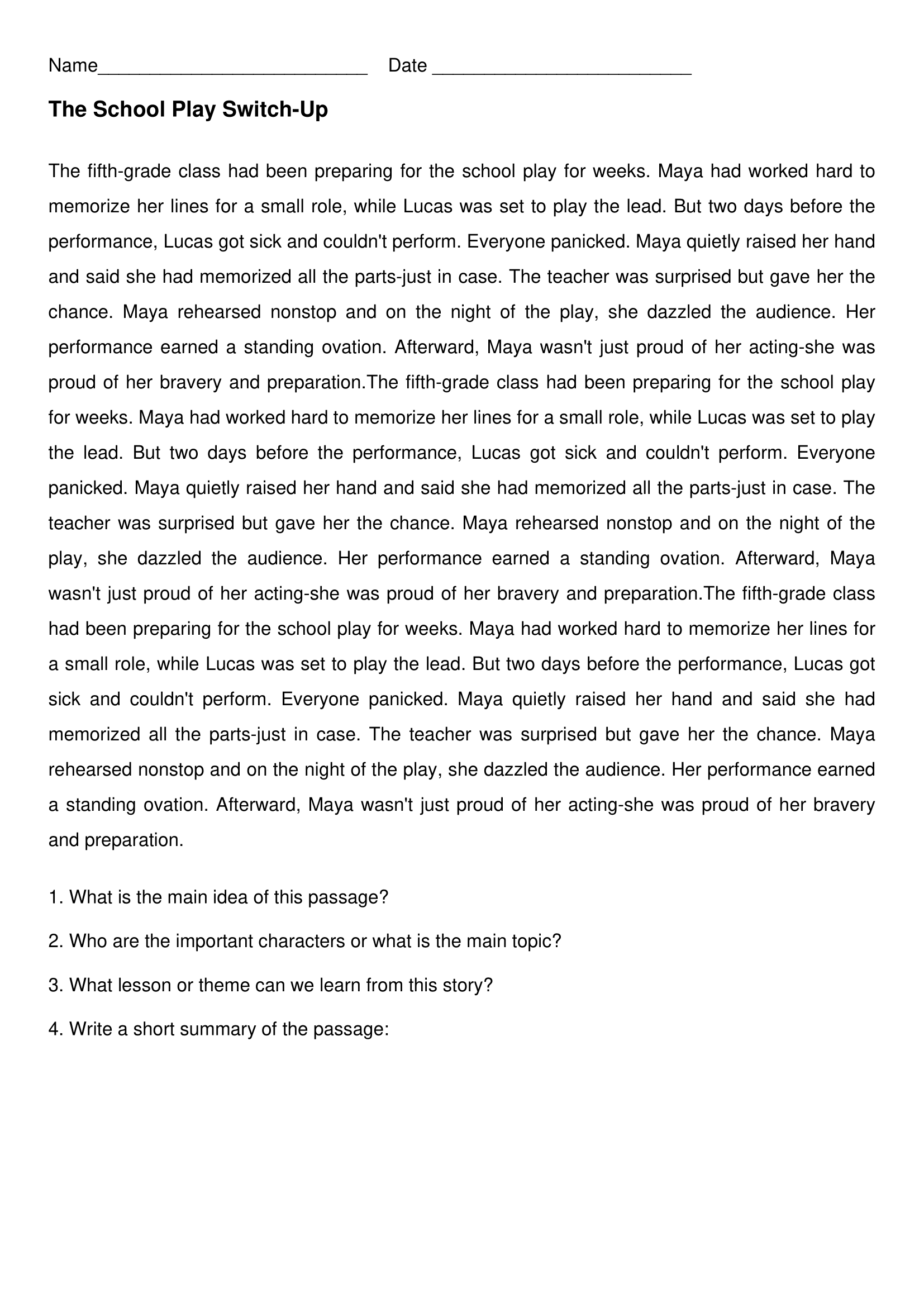 School Play Switch 5th Grade Reading Comprehension Worksheets