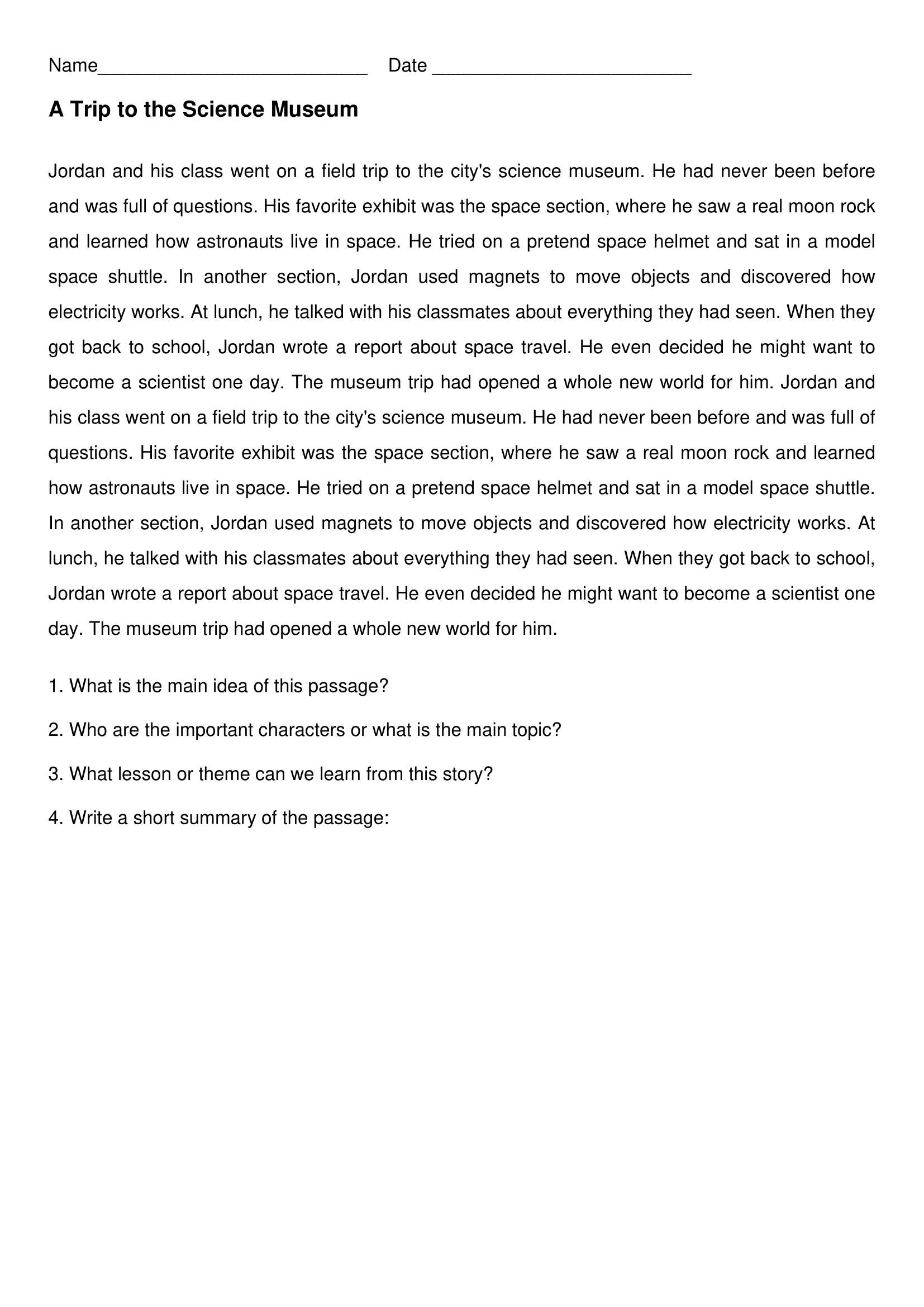 Science Museum Trip 4th Grade Reading Comprehension Worksheets