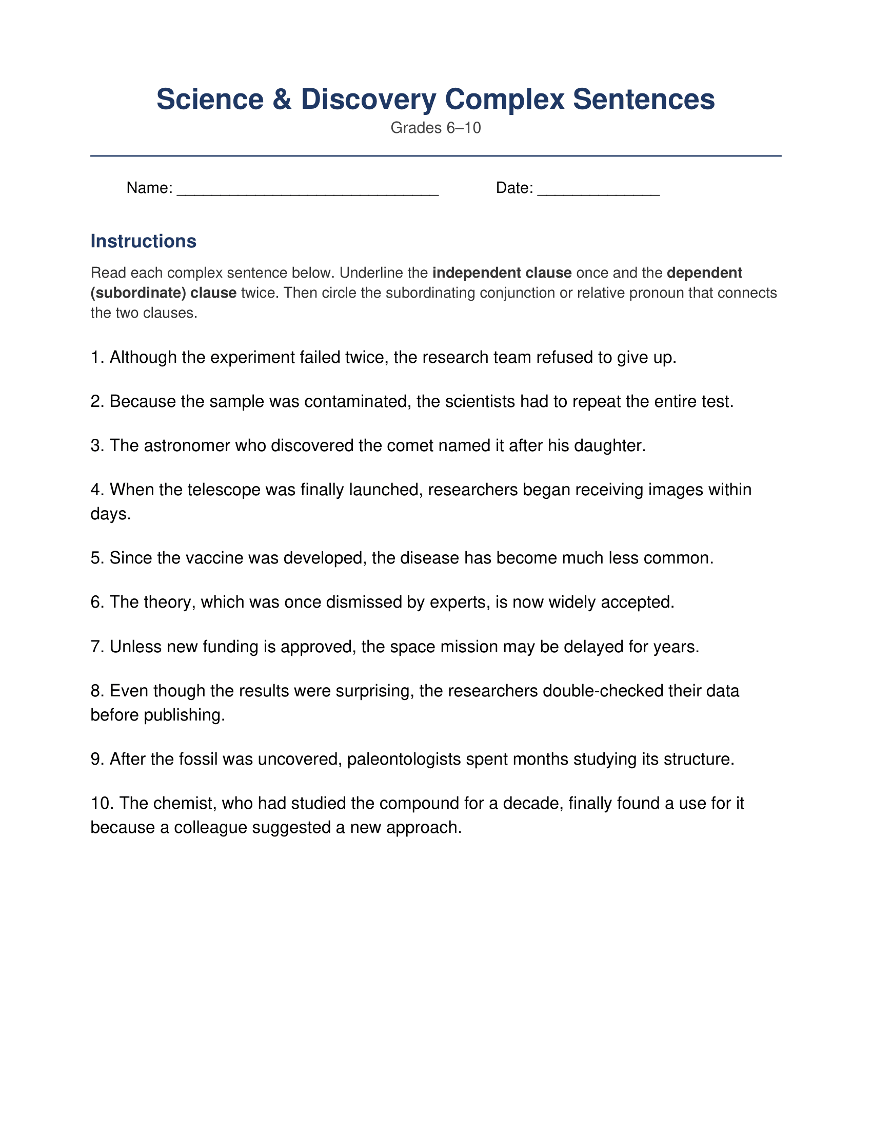 Science Discovery Complex Sentences Worksheets