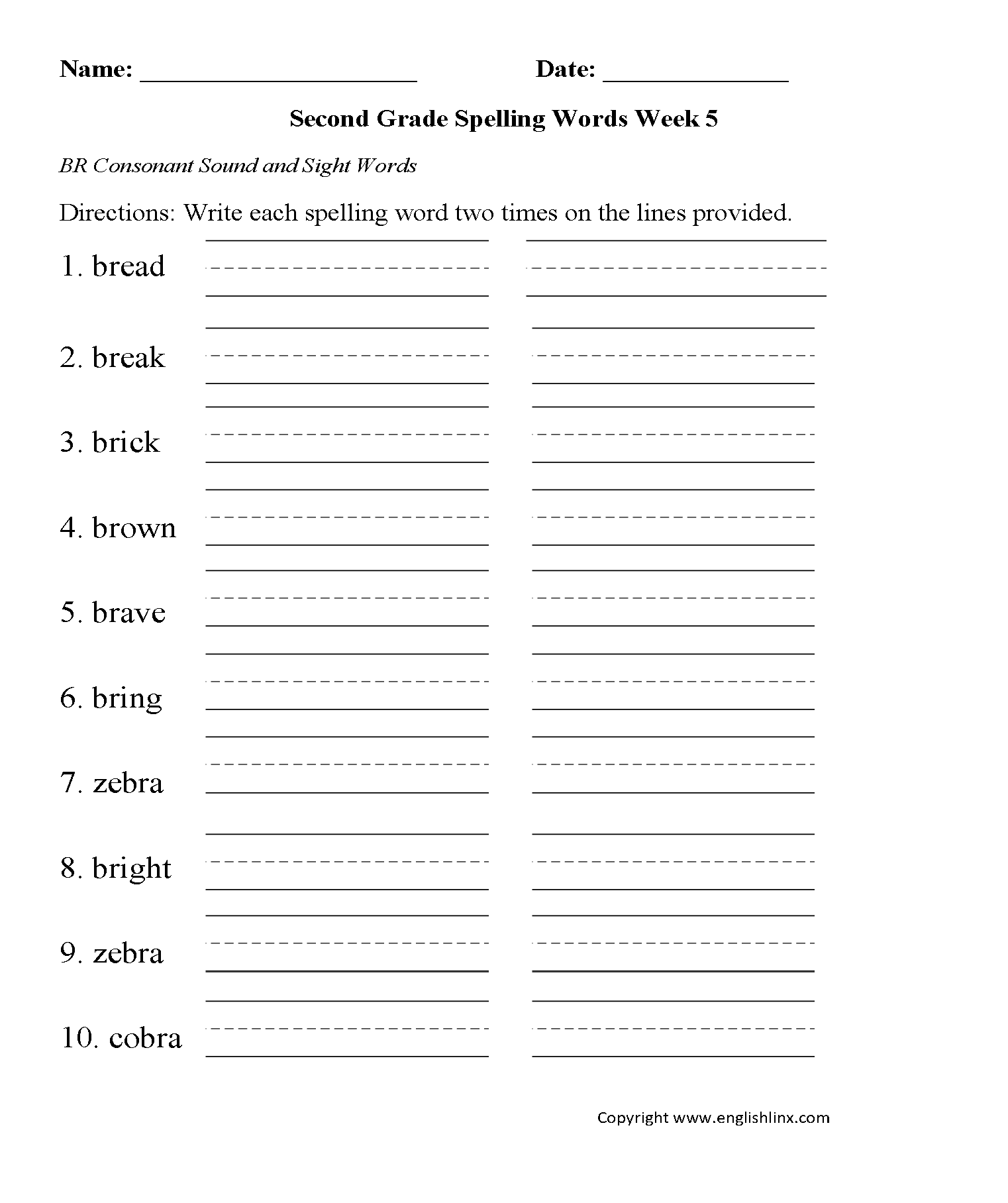 Week 5 BR Consonant Second Grade Spelling Worksheets