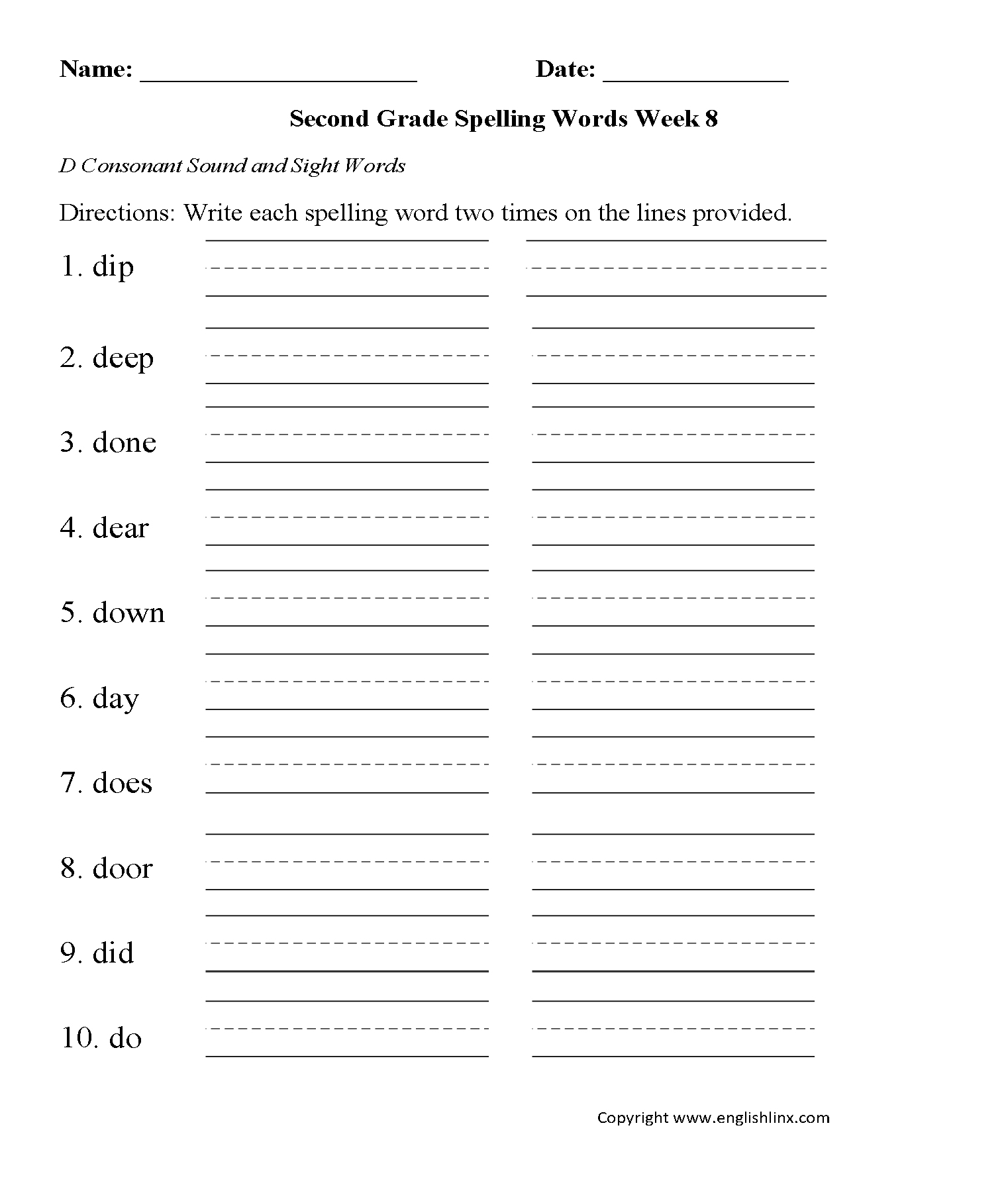 Week 8 D Consonant Second Grade Spelling Worksheets