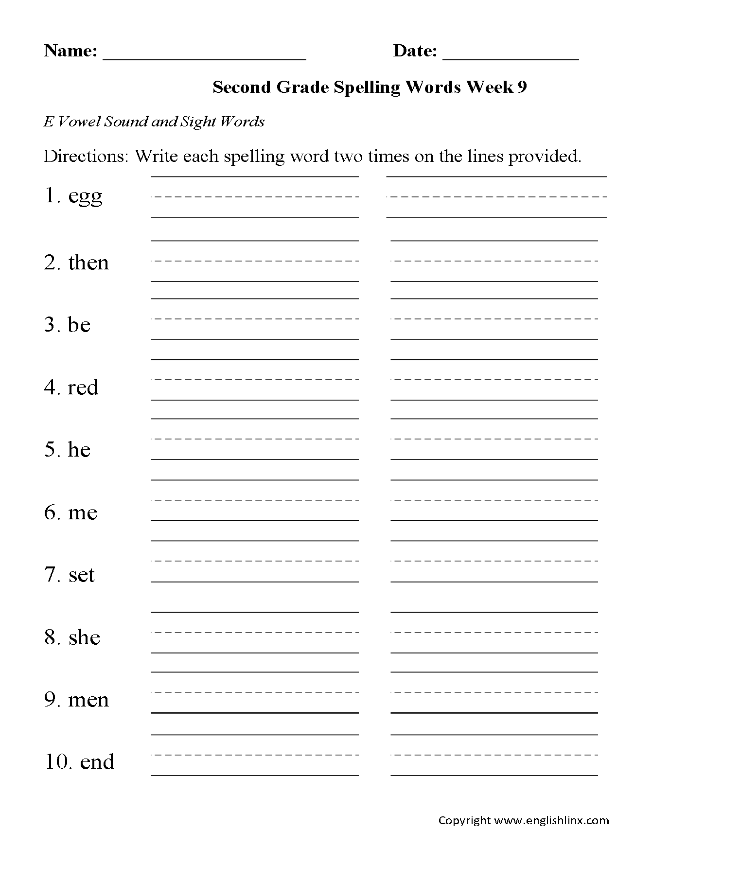 Week 9 E Vowel Second Grade Spelling Worksheets