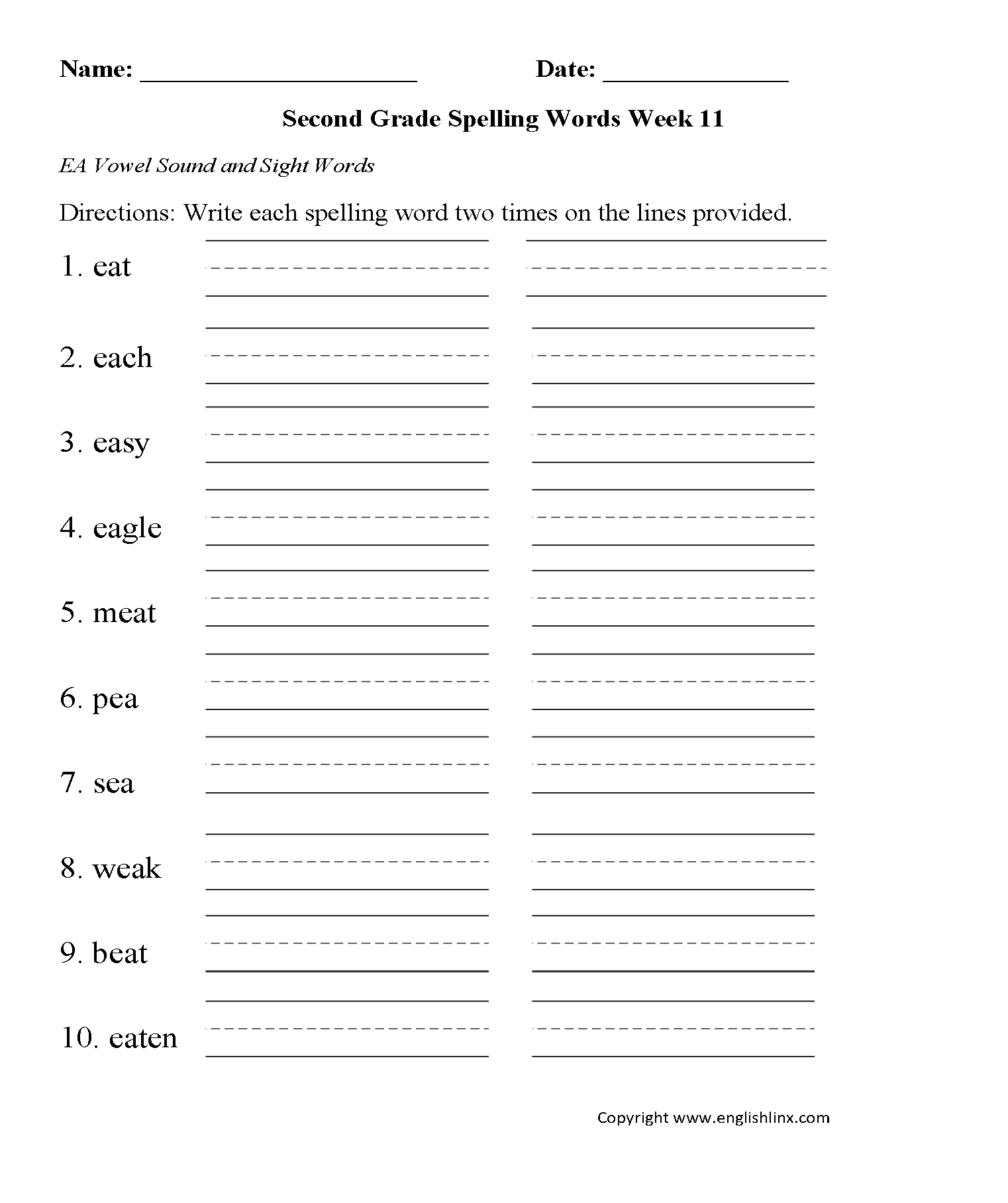 Week 11 EA Vowel Second Grade Spelling Worksheets