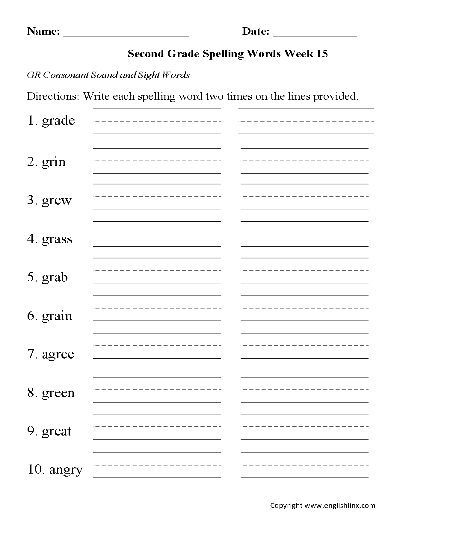 Week 15 GR Consonant Second Grade Spelling Worksheets