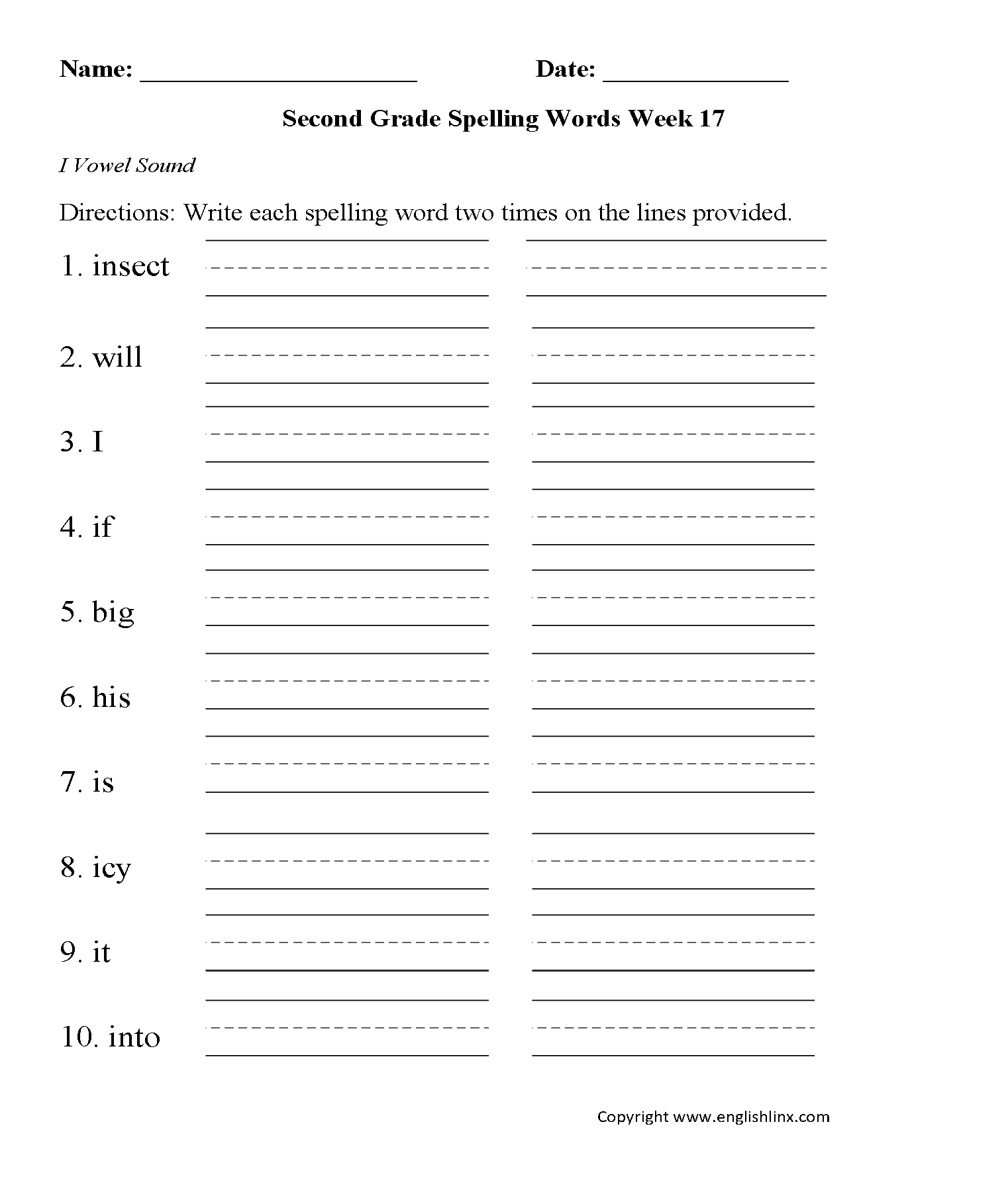 Week 17 I Vowel Second Grade Spelling Worksheets
