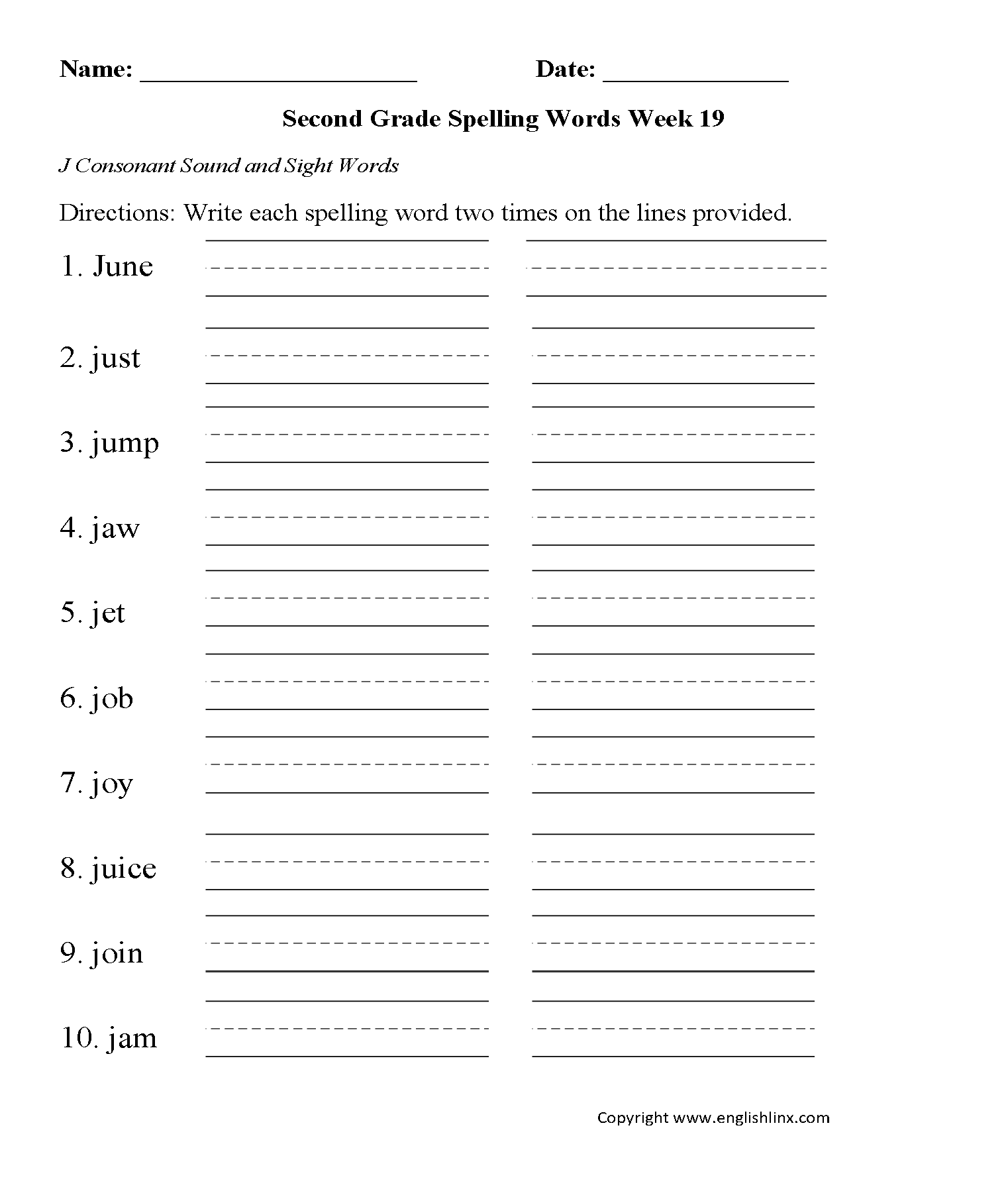 Week 19 J Consonant Second Grade Spelling Worksheets