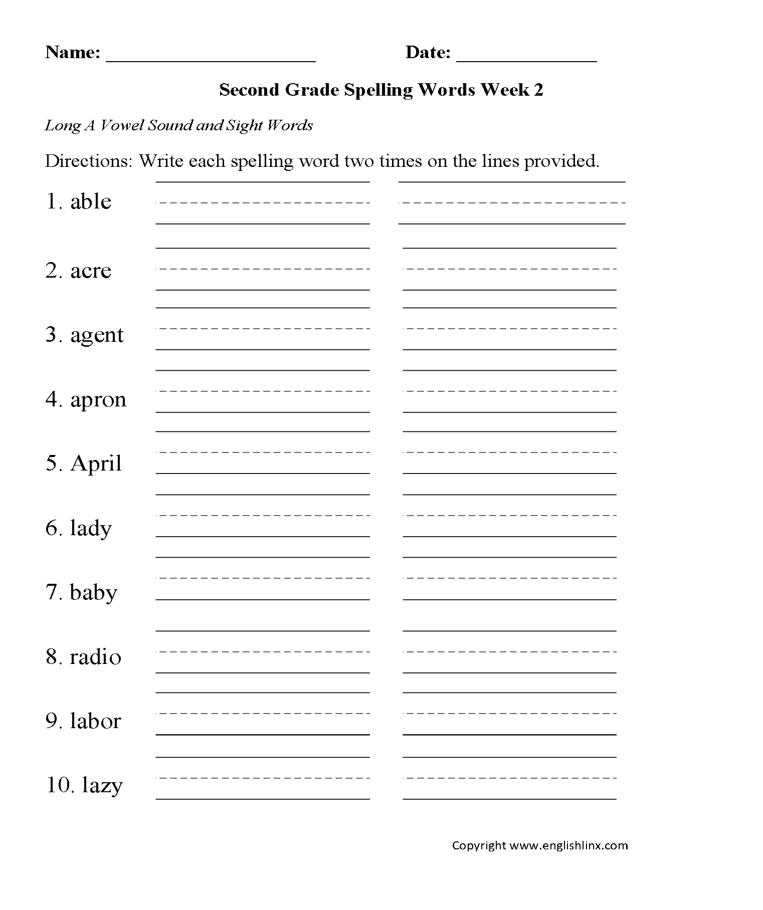 Week 2 Long A Vowel Second Grade Spelling Worksheets