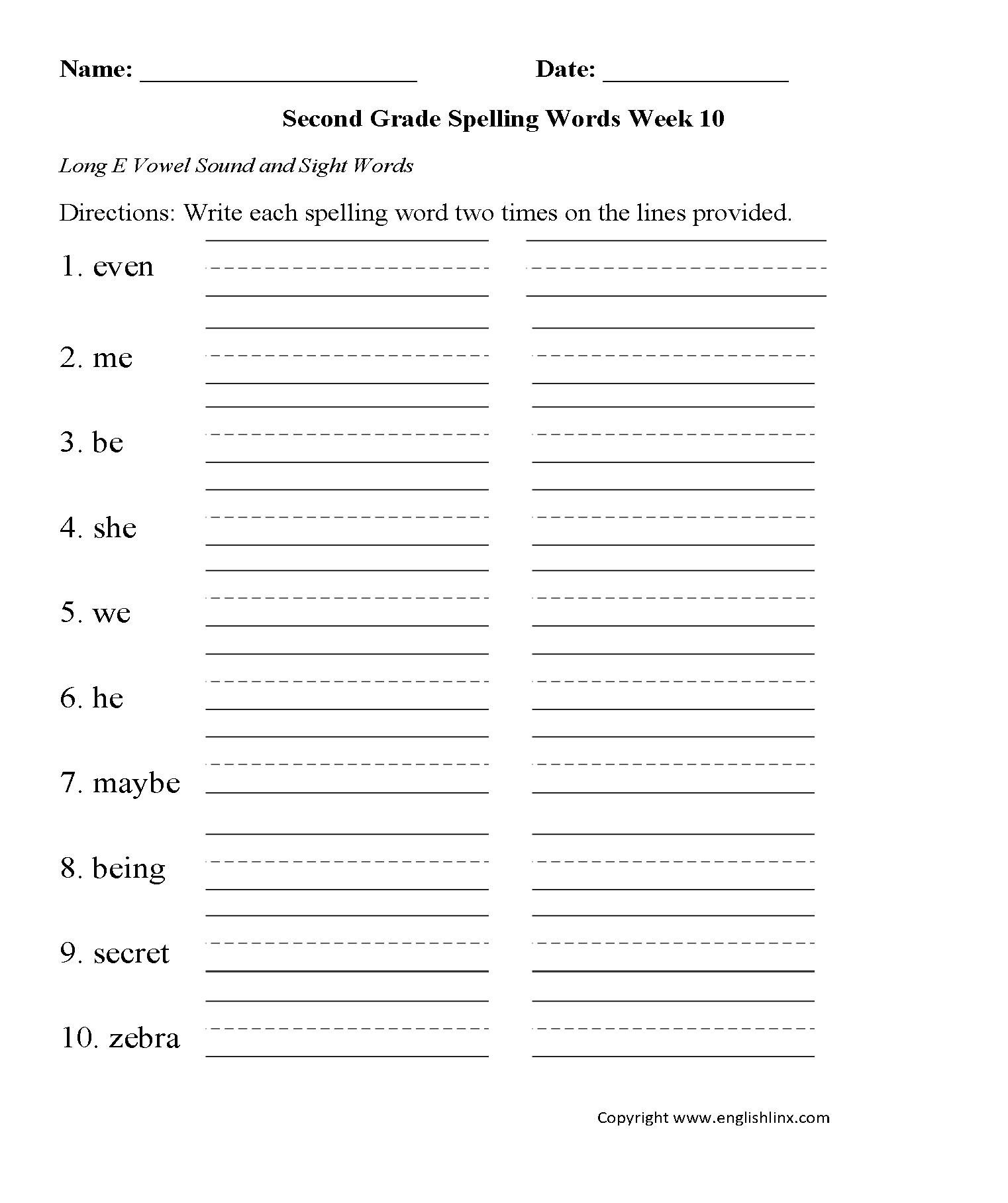Week 10 Long E Vowel Second Grade Spelling Worksheets