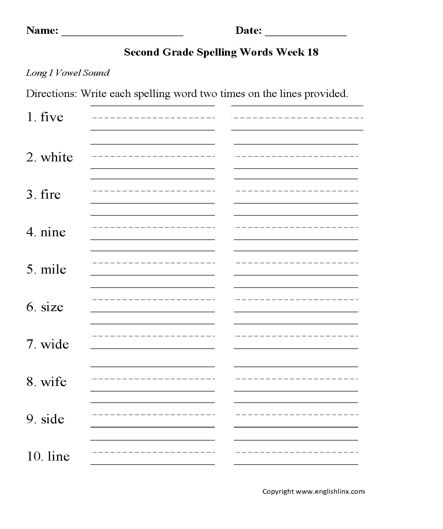 Week 18 Long I Vowel Second Grade Spelling Worksheets